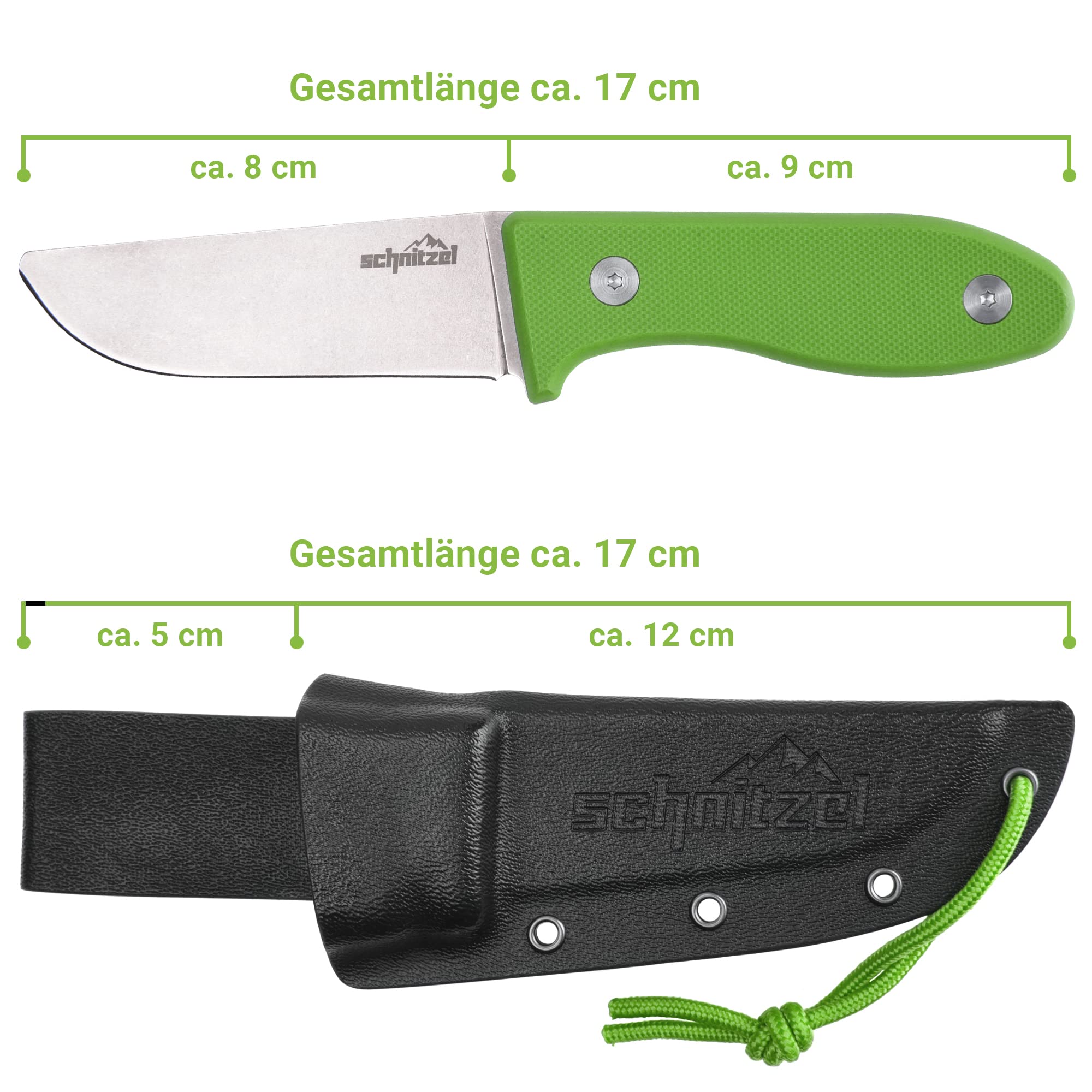 SCHNITZEL UNU, Kindermesser Schnitzmesser und Outdoormesser für Kinder, scharf mit Kydex Scheide und Gürtelhalterung, Grün