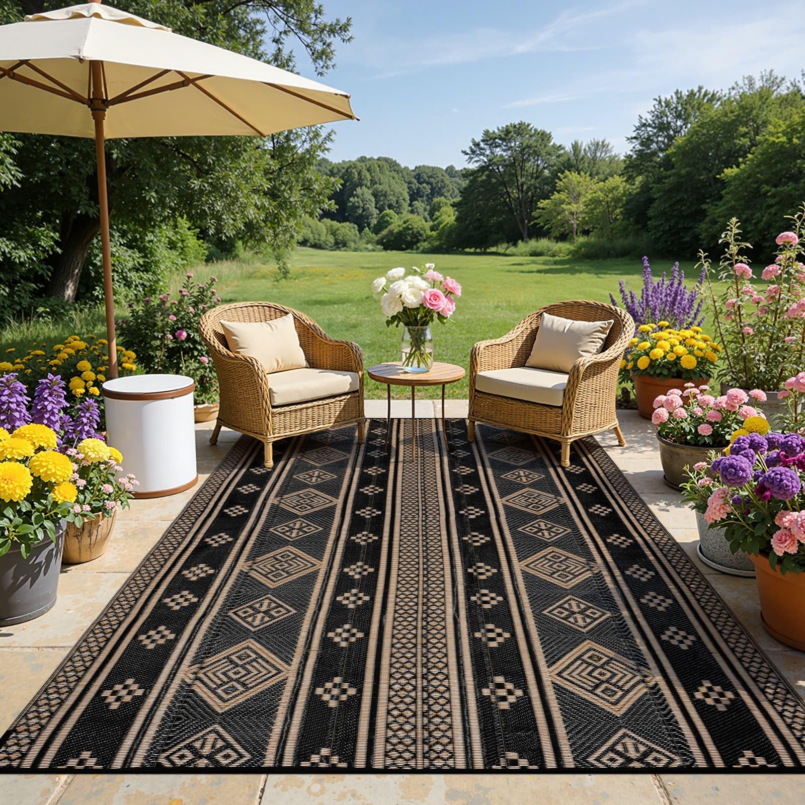 SHACOS Tapis extérieur réversible imperméable, résistant UV, pliable, balcon, terrasse, camping, plage, 180x270 cm, noir