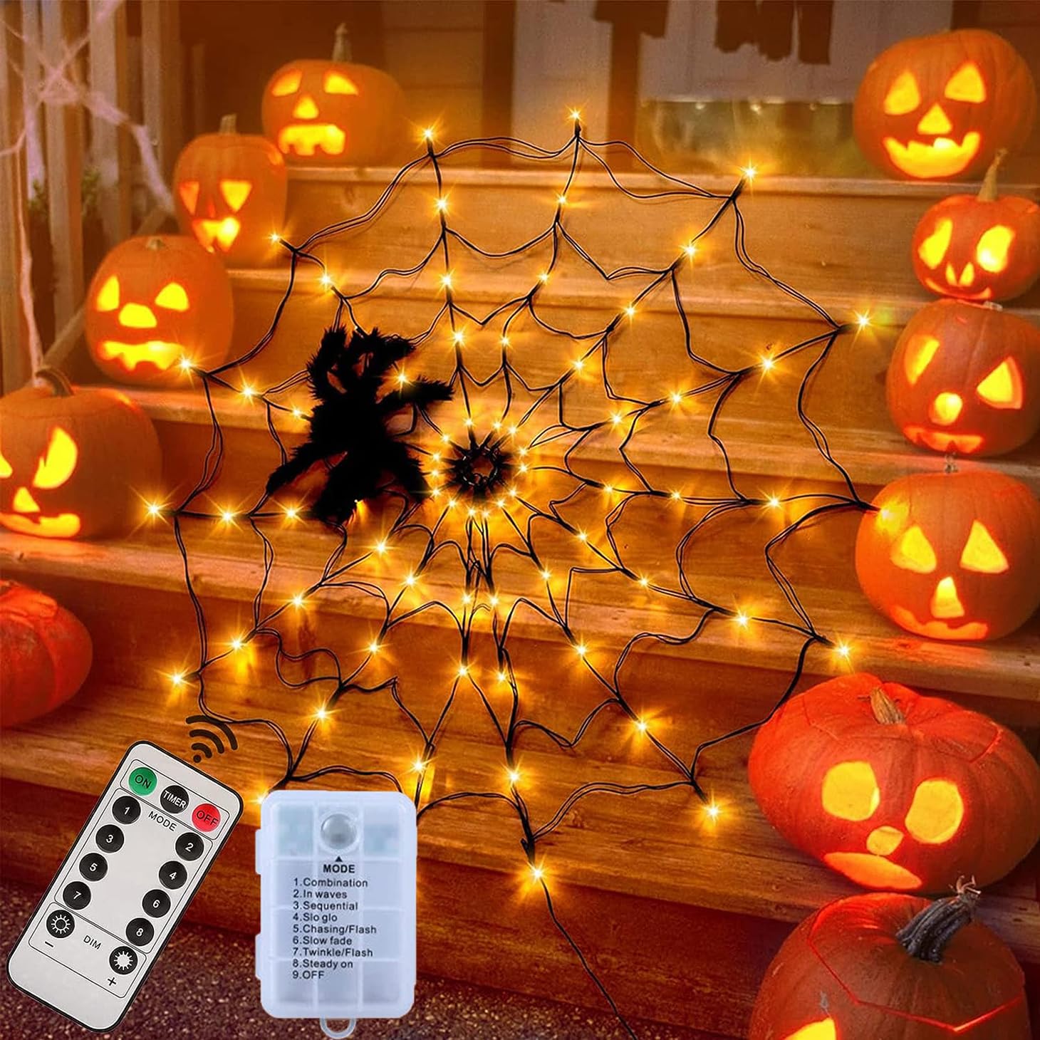 Hystyfu Halloween Spider Web Lights with 70LED Orange Lights, 3.3Ft Diameter Waterproof Light up Cobweb with Black Spider, Halloween Decorations for House Yard Window Garden Indoor and Outdoor