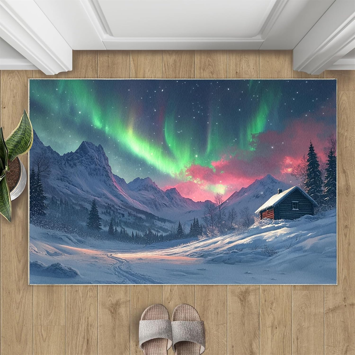 Aurora Rugs for Bedroom 2x3 Entrance Rug, Mountains Rug - Home Decor, Natural Landscapes Area Rug, Galaxy Washable Rugs, Non-Slip Indoor Carpet for Kitchen Dining Room
