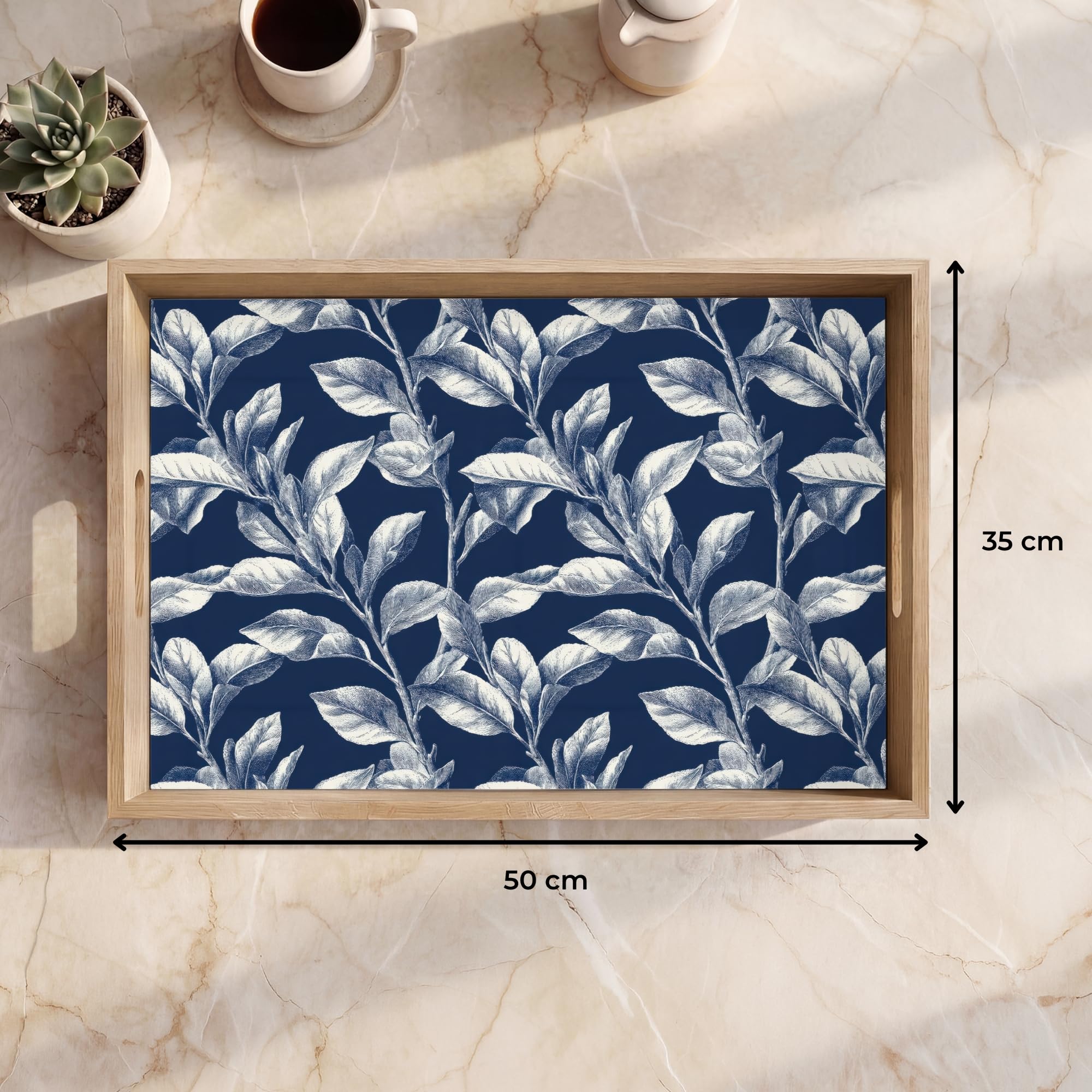 Bandejas Rectangular 50x35 cm Bandeja Cafe Decorativa para Servir Comida Resistente Al Calor De Madera Desayuno Cocina Tabuleiro Botánico - Patrón - Azul