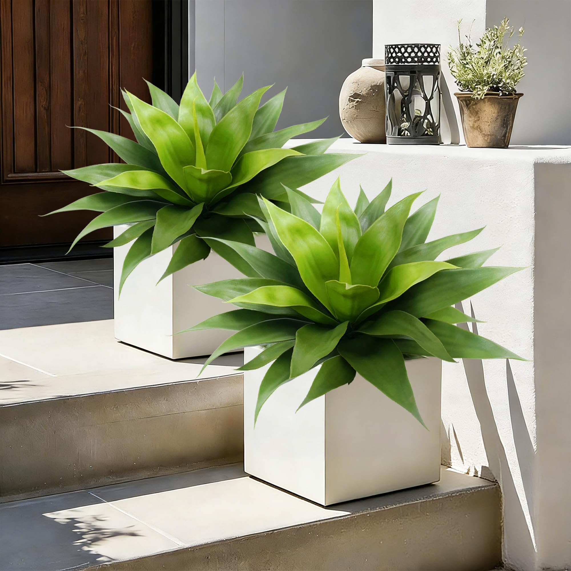 Vitalismo Artificial Plants Outdoor, Fake Evergreen Shrubs Plastic Agave Plant Outdoor 23.6 inch Wide Fake Bush Fern for Front Door Garden Indoor Home Decor