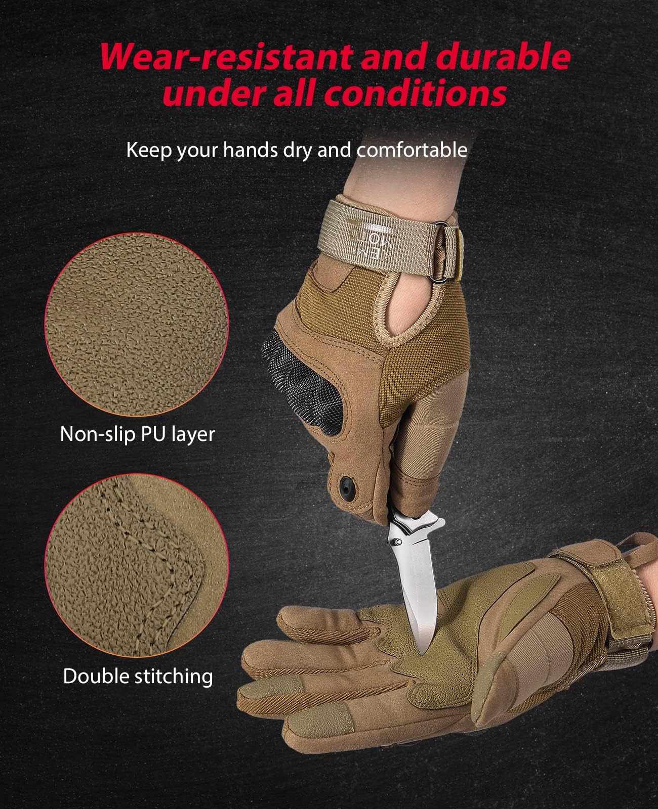 KEMIMOTO Guantes Moto con Dedos Completos, Tácticos y Protector de Nudillos de Fibra de Carbono, Pantalla Táctil y Transpirables, para Hombre, Militar, Bushcraft, Caza