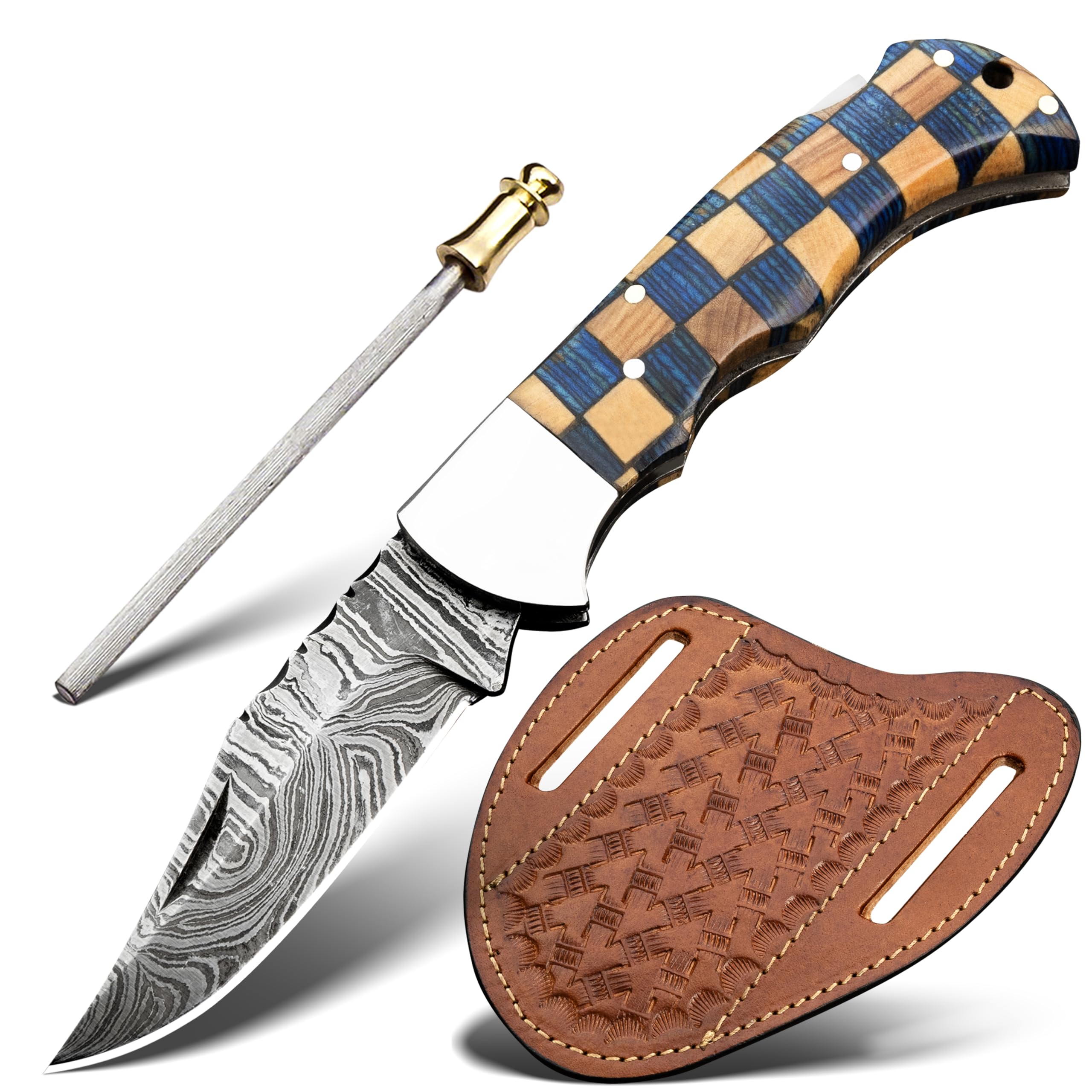 VULTURE CRAFTS CLUB Damascus Steel Pocket Knife with Clip and Leather Sheath - EDC Knives for Outdoor and Camping Activities, Handmade Folding Knife, Free Sharpner (Chess foldable)