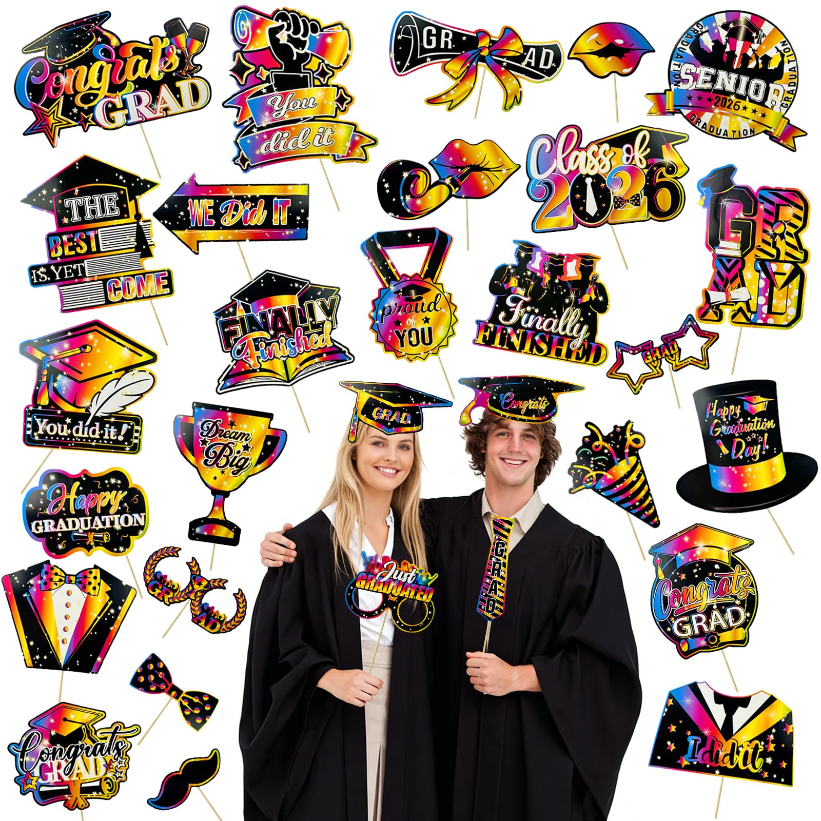 Pack of 30 Graduation Decoration 2026 Disco Photo Booth Props Graduation Decoration for Graduation Party Decoration 10th Class 2026 and Bachelor Decoration, Gold Party Accessories for Graduation and