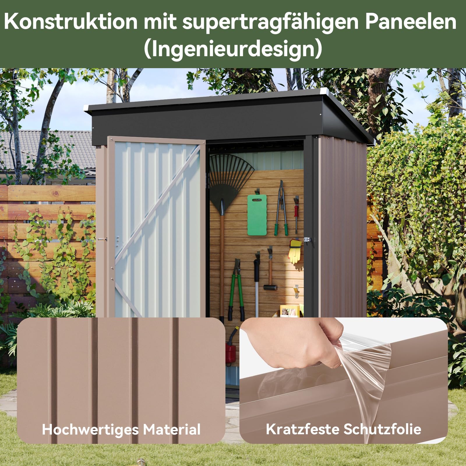 Aoxun Gartenhaus mit Standfuß, verzinktes Metallschuppen mit Schiebetür, Werkzeugaufbewahrung, Fahrradschuppen, Braun