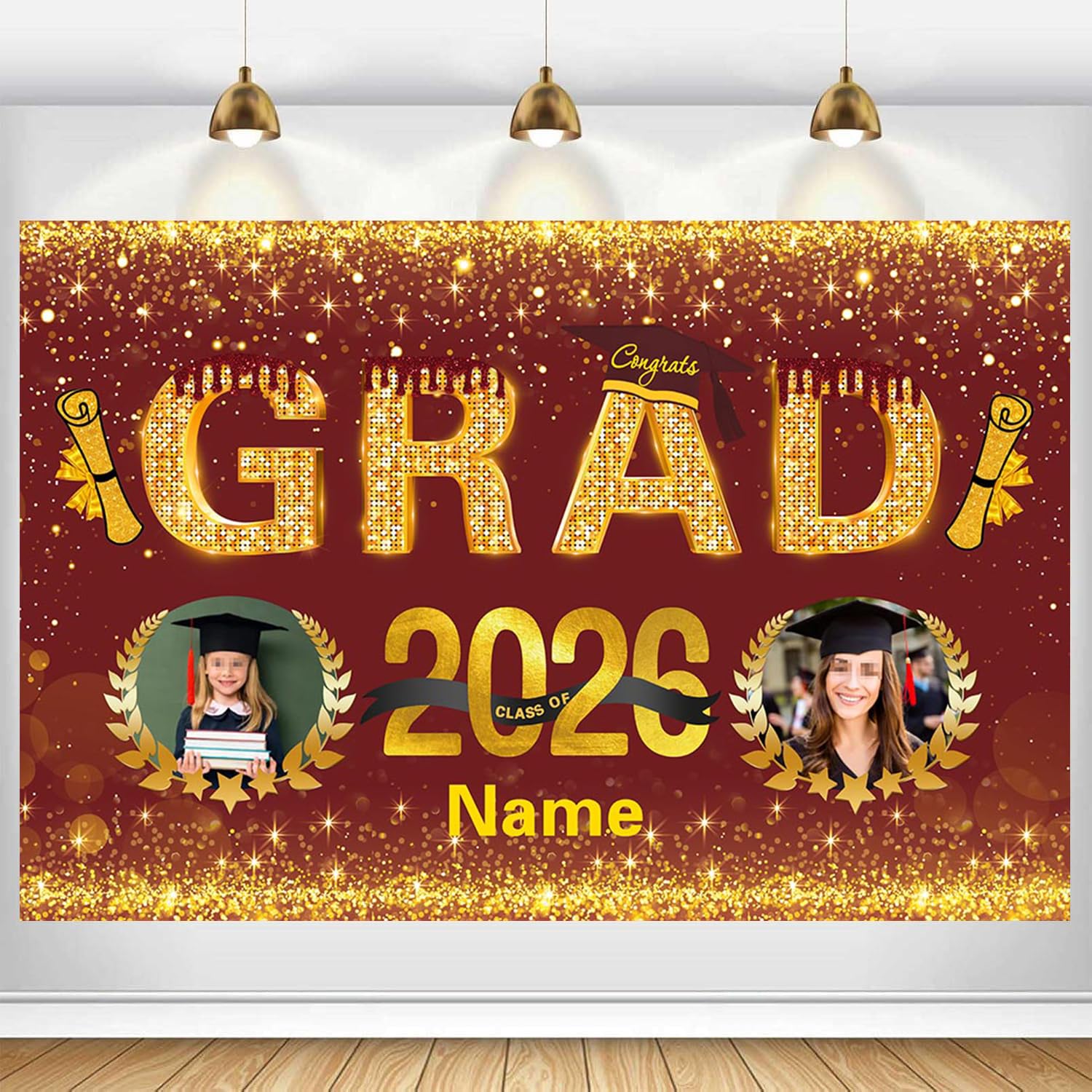 AUBAO Custom Graduation Banner with 2Photos Class of 2026 Personalized Congrats Grad Backdrop Party Supplies Decorations(Maroon and Gold)