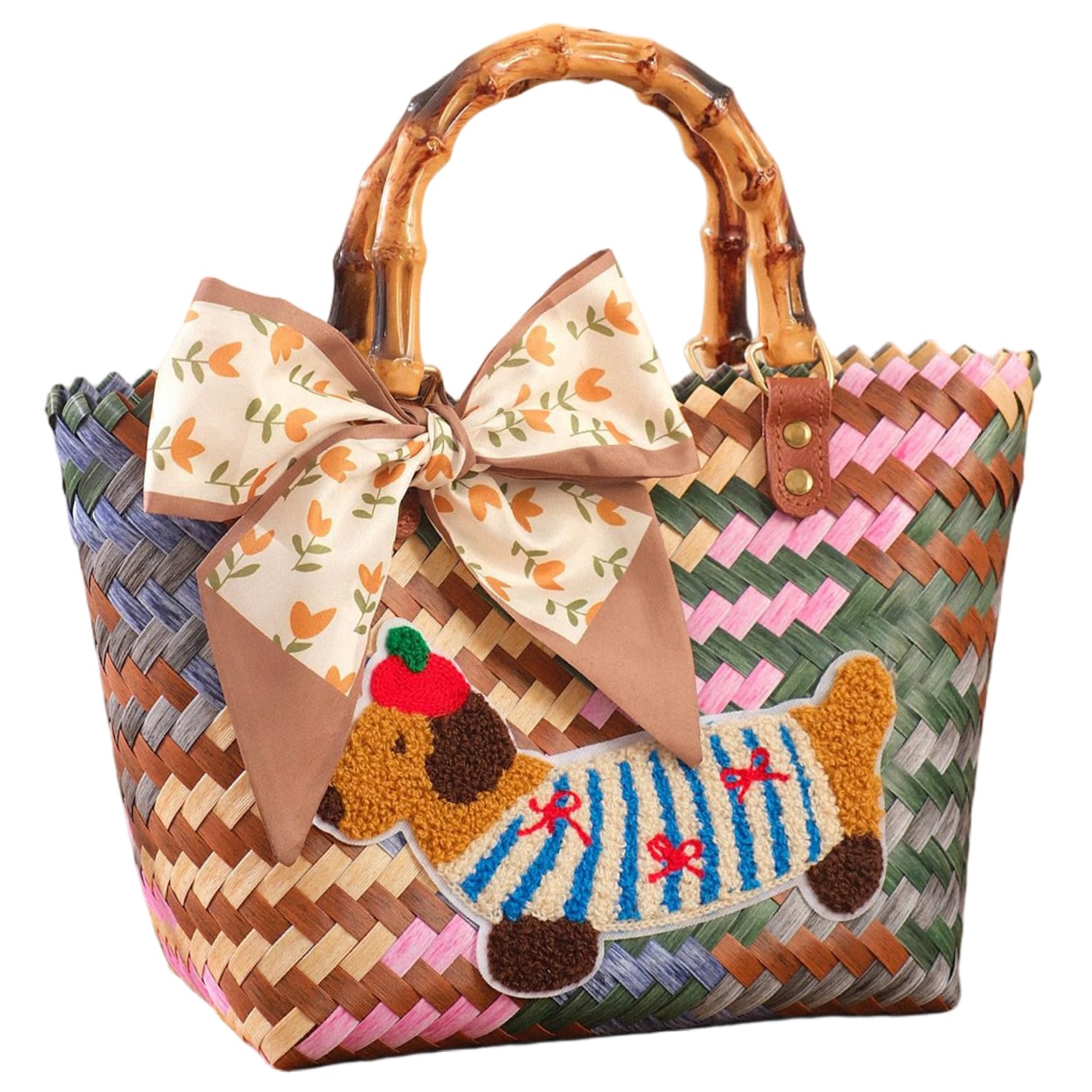 Wedhapy Woven Beach Bag Straw Bags for Women, Vintage Cute Dog Colorful Woven Beach Bag with Silk Scarf, Large Capacity Braided Plastic Shopping Basket