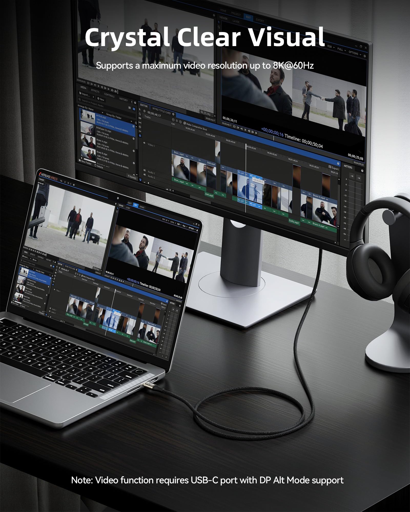 VOLTME Cavo USB-C Utron CTC 240W USB4.0 Type-C Cavo video USB 8K 60Hz 1,20m/3.9ft Nylon intrecciato Nero, Cavo ricarica per iphone 15 Pro MacBook, Galaxy S24 Ultra, Pixel, Dell, HP, Steam Deck ecc.