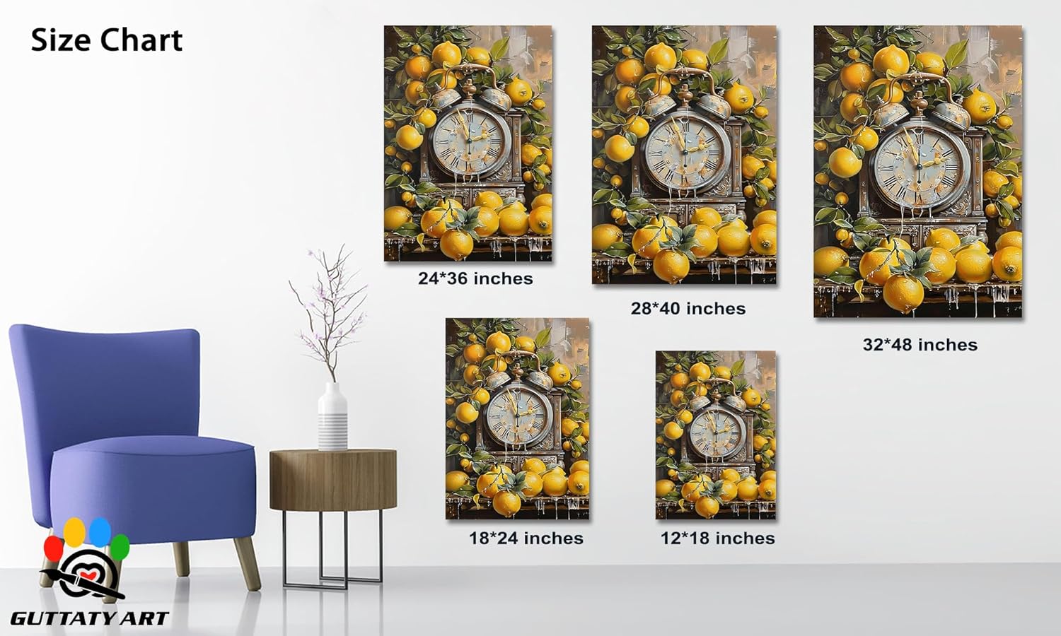 GUTTATY Lemon Fruit Kitchen Canvas Wall Art, Vintage Clock and Yellow Lemons Canvas Prints, Bright Fruit Wall Decor Pictures, Cheery Artwork Poster for Dining Room, Kitchen, Living Space, 18x24 Inch