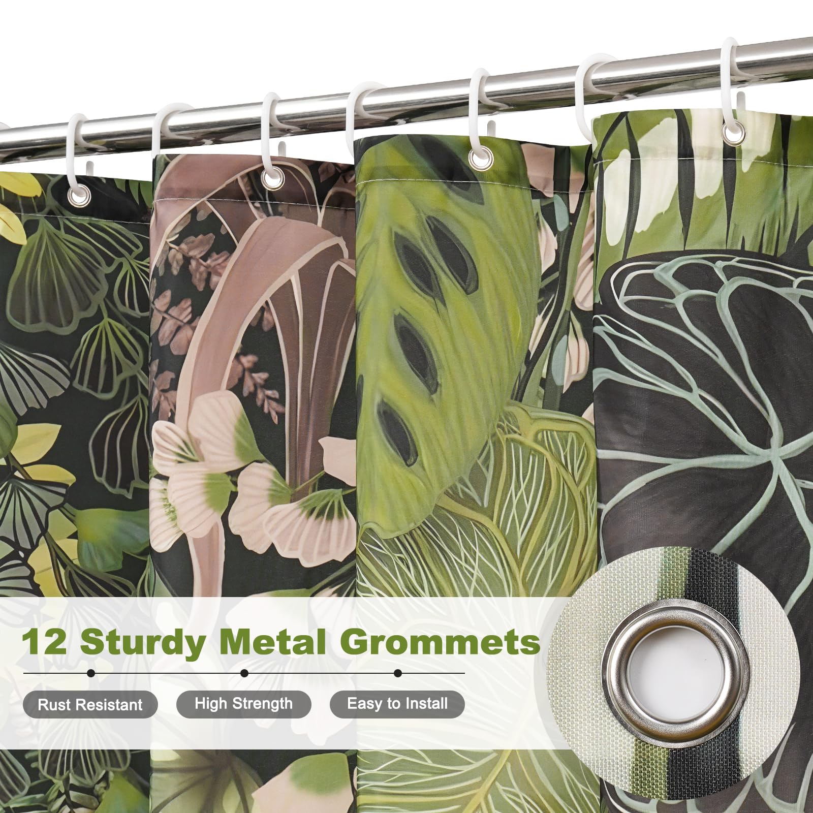 EurCross Tropical Jungle Green Shower Curtains, Waterproof Bathroom Curtain Mould Proof With Antirust Holes - Image 2
