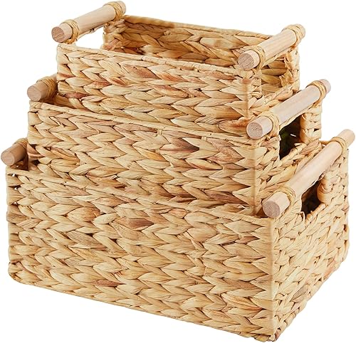 Vagusicc Cesta de almacenamiento de mimbre, cesta de almacenamiento tejida a mano con asas de madera, cestas grandes de mimbre para organización de