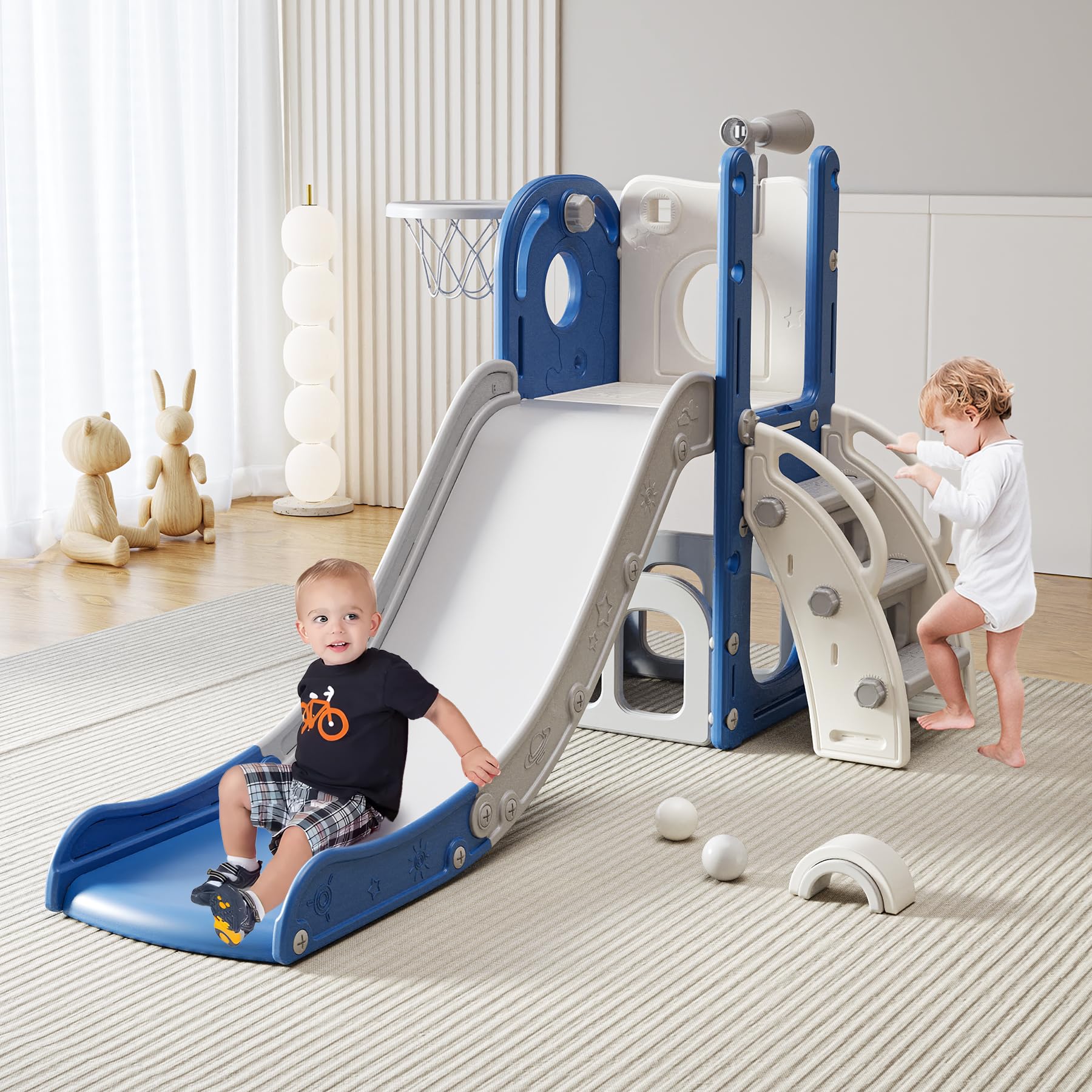 Toddler Slide Kids Climber Slides Baby Slider for Toddler Age 1-3,L Shaped Indoor Outdoor Playground Playset with Basketball Hoop, Storage, Telescope Toy Easy Assembly Gift for Boys and Girls