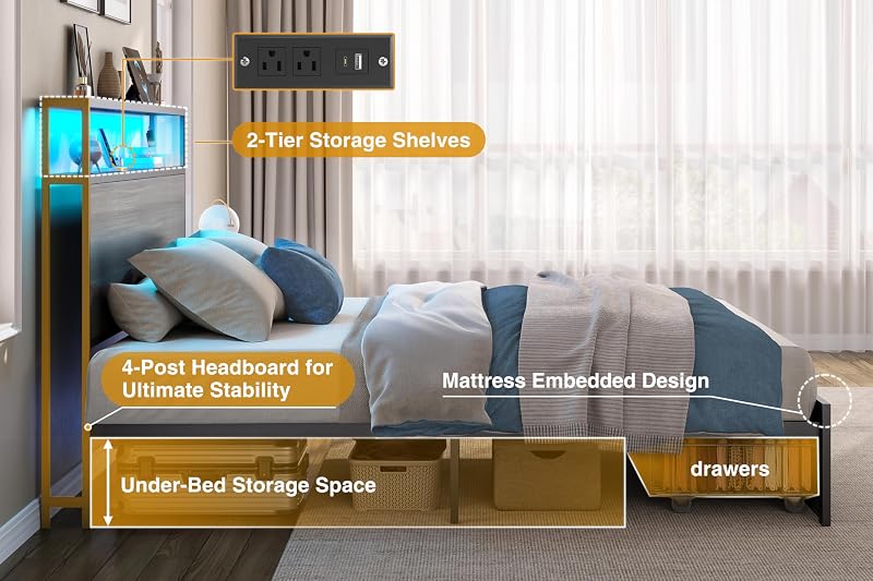 PHGLL Queen Bed Frame with 2-Layer Storage Headboard, Platform Metal Bed Frame with 2 Storage Drawers & 20W Fast-Charging Station & LED, Noise-Free, No Box Spring Needed, Easy Assembly, Rustic Grey image 5