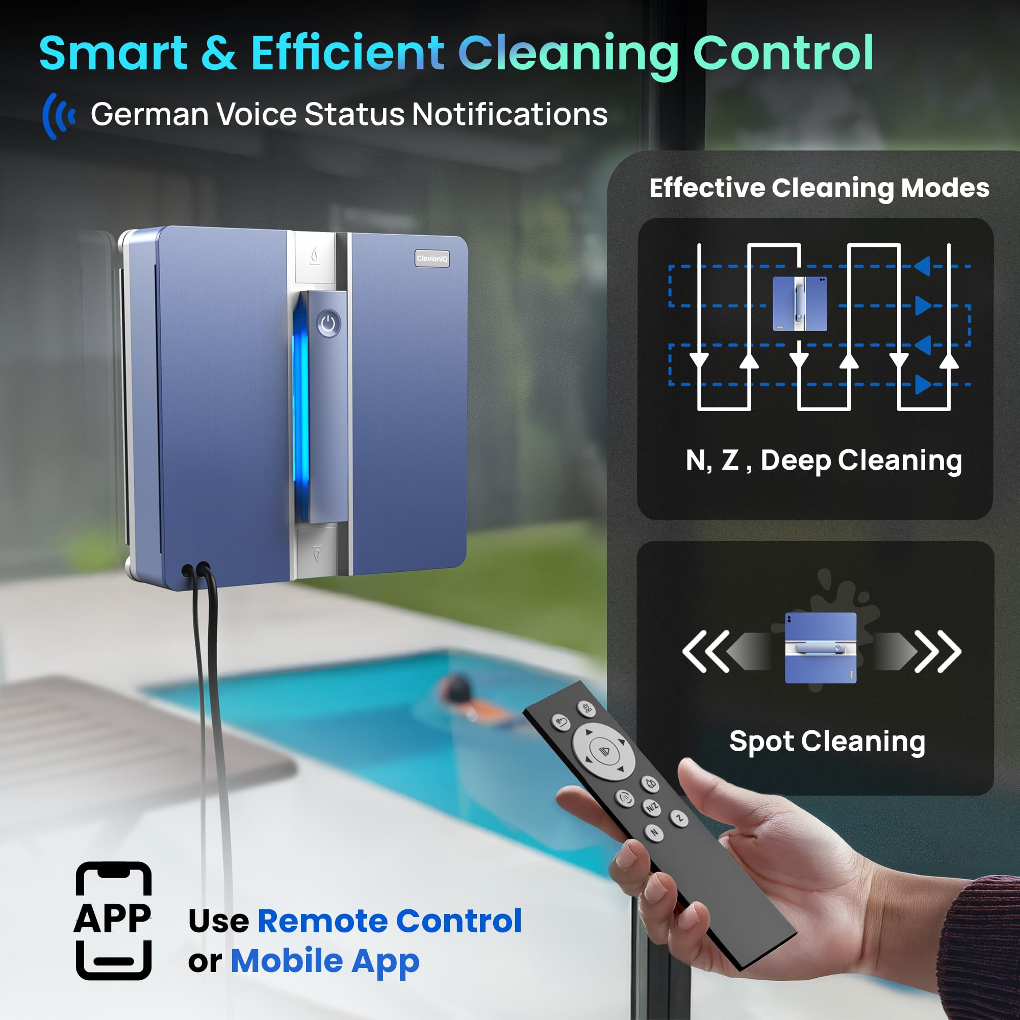 X9 Pro (EN) Nettoyeur de vitres électrique – Robot nettoyeur de vitres intelligent avec fonction de pulvérisation 4 voies, navigation précise, détection des bords, statut LED, fonctionnement