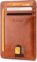 Vista 245 de Buffway - Billetera delgada minimalista de cuero con protección RFID para hombre y mujer Café Lichee