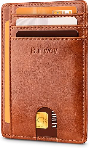 Buffway - Billetera delgada minimalista de cuero con protección RFID para hombre y mujer