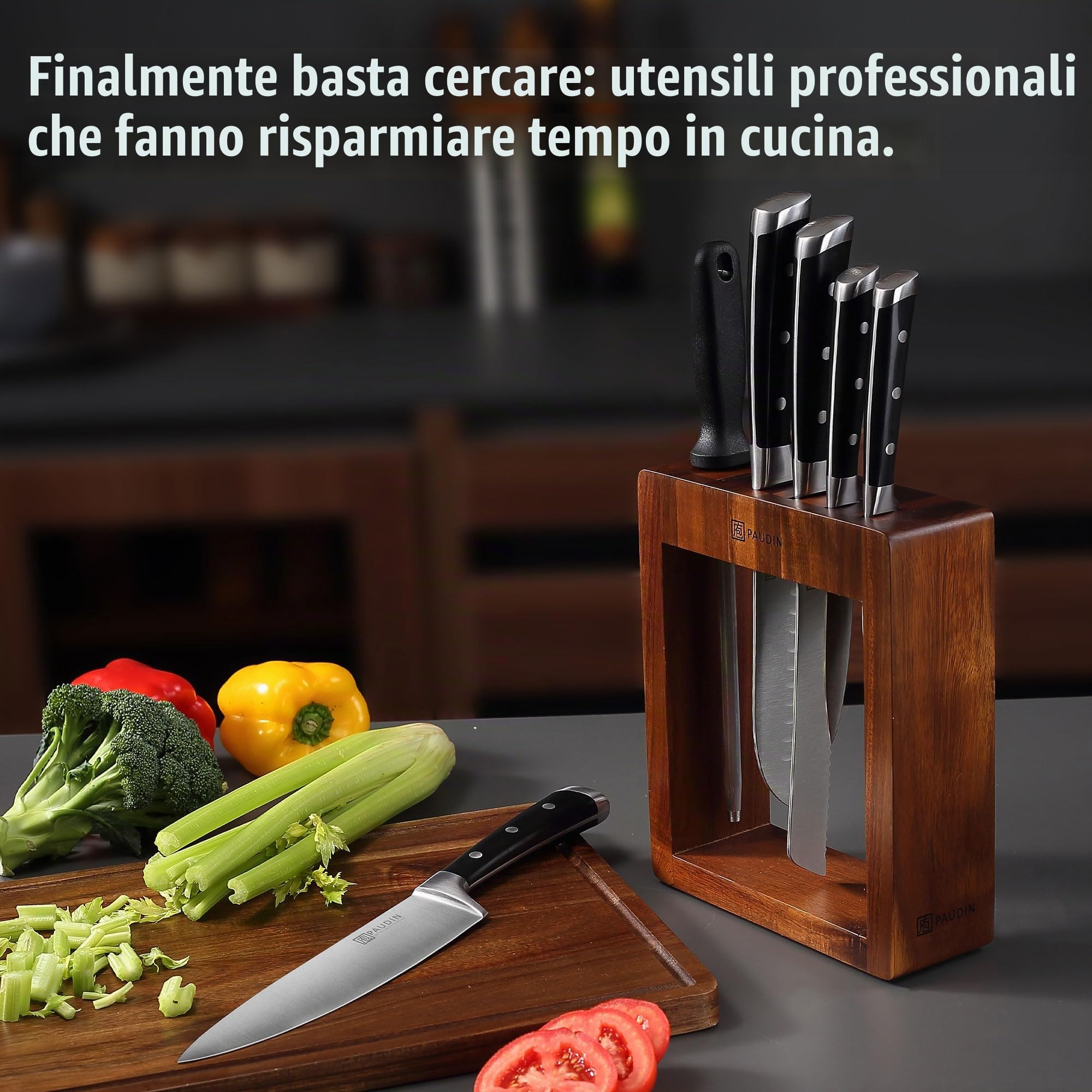 PAUDIN Ceppo coltelli set, set coltelli da cucina 7 pezzi affilati con ceppo in legno,coltello da cucina professionali con coltello da pane in acciaio inossidabile di alta qualità e manico in ABS