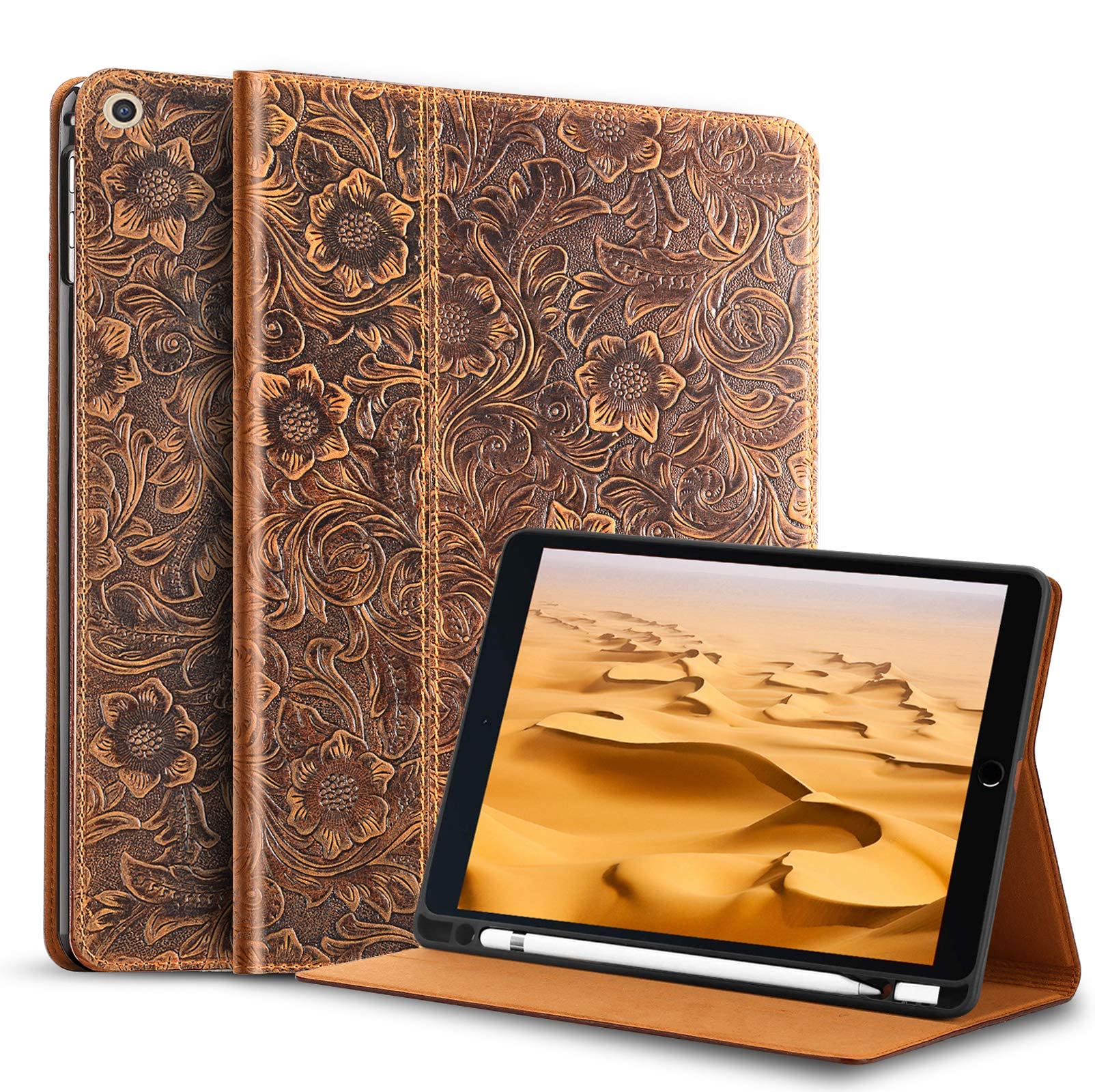 Gexmil Custodia per iPad 10.2 Pollici,9a/8a/7a Generazione(2021/2020/2019) Cover in Pelle Vera con Supporta la Ricarica di Pencil,Sospensione e Accensione Automatica,Supporto Regolabile,Marrone