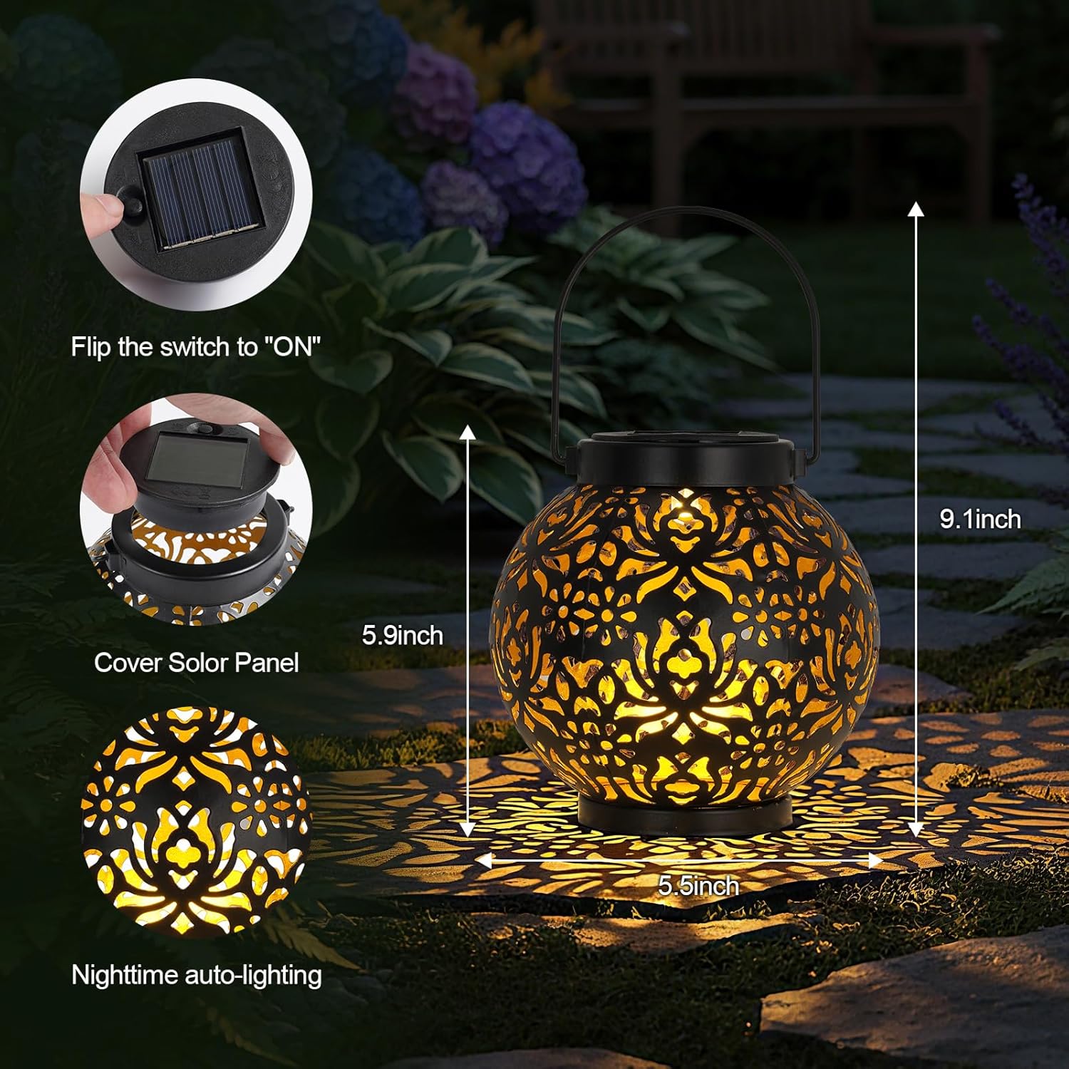 Homemory 2 Pack Solar Lanterns Outdoor Waterproof Hanging Lantern Decorative Outside Lights for Pathway, Patio, Backyard, Porch, Lawn (Black) - Image 3