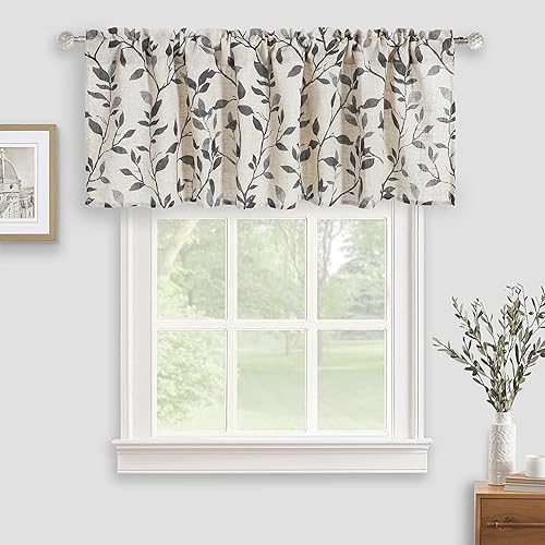 Miniatura 2 de Cenefa de cocina de lino, cenefas de cortina con estampado de hojas de árbol para baño, dormitorio, sala de estar, decoración de granja con bolsillo