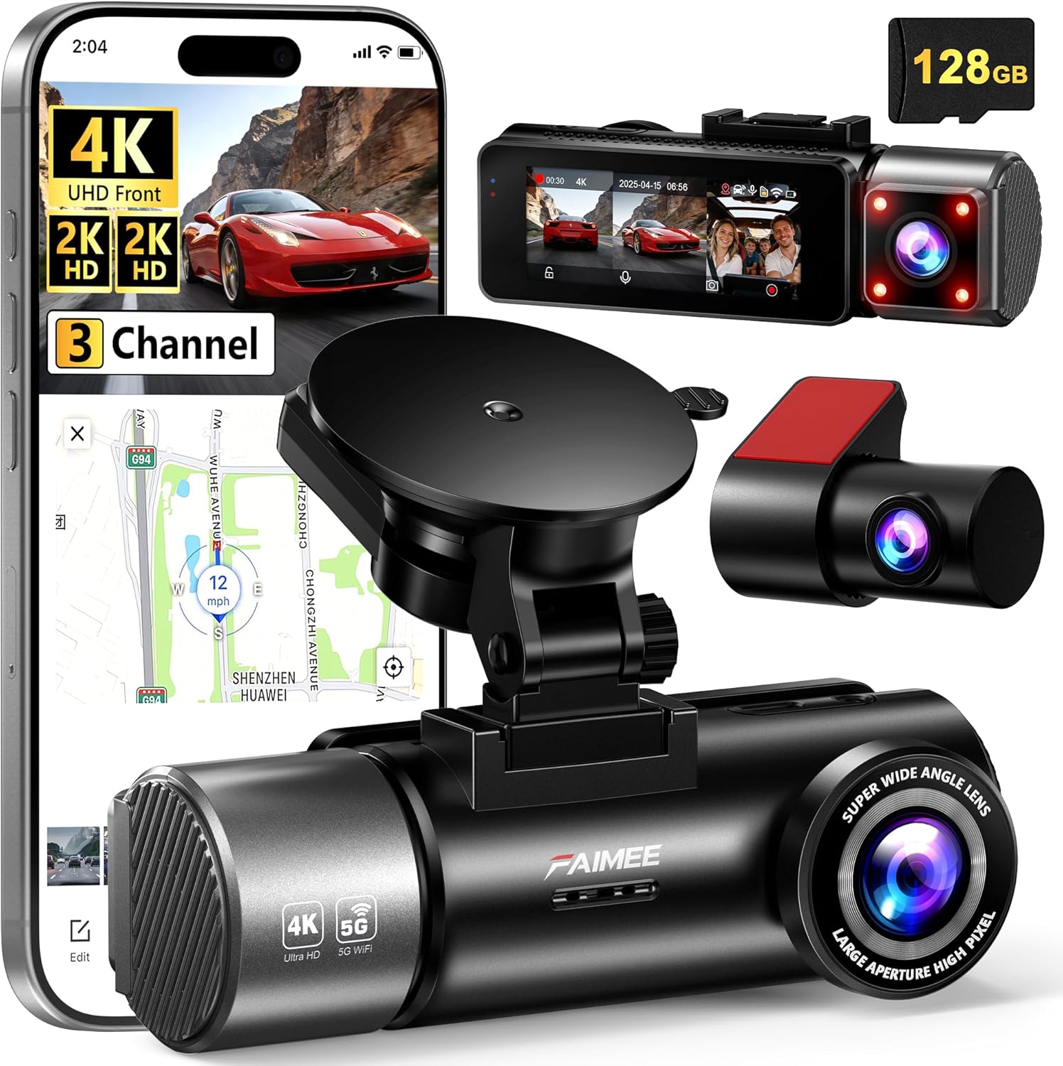 4K+2K+2K 3 Channel Dash Cam Front and Rear with 128GB Card, Dash Camera for Cars 5.8G/2.4G Dual WiFi, Built-in GPS, Night Vision, WDR, 170°Wide Angle, Emergency Lock, 24H Parking Monitor, Deep Black