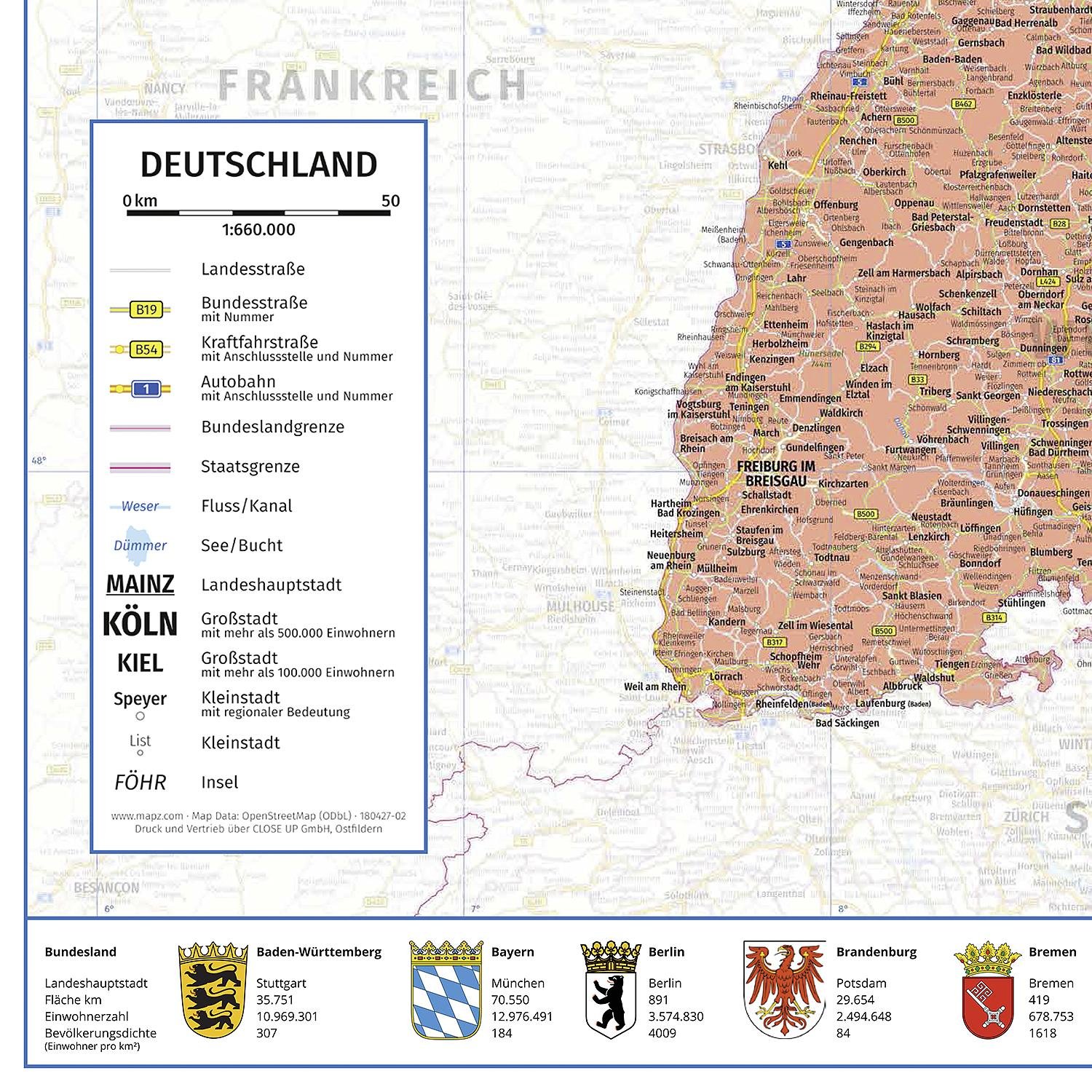 Politische Landkarte Deutschland - XXL DIN B0 - Deutschlandkarte 100x140 cm - Premium Poster mit PLZ, Bundesländern, Einwohnerzahlen - 1:660.000