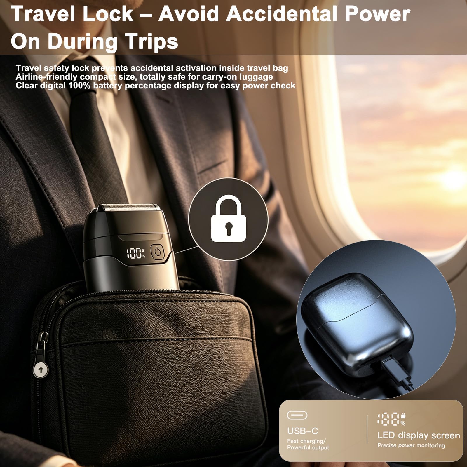 Rasoio da viaggio da uomo, mini rasoio elettrico con USB-C, indicatore della batteria LED, blocco da viaggio, cappuccio di protezione magnetico, per bagnato e asciutto, rasoio portatile per viaggi e