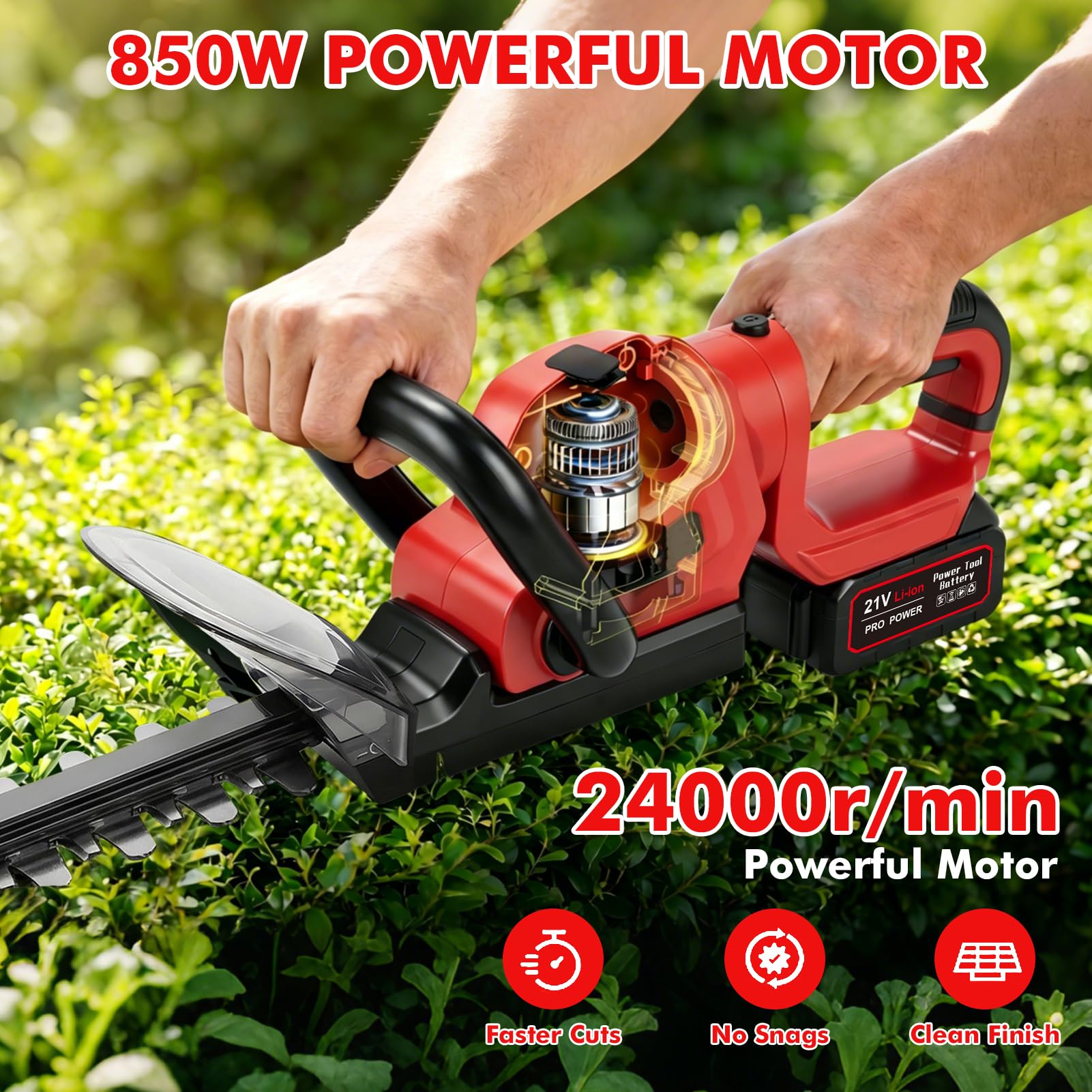 Tijeras Cortasetos de Batería, Cortasetos Eléctrico 850 W, Hoja SK5 de 56 cm, Mango Giratorio 90° y Diseño Ergonómico con baterías de 1 x 3,0 Ah para Setos, Ramas, Arbustos, Ramitas