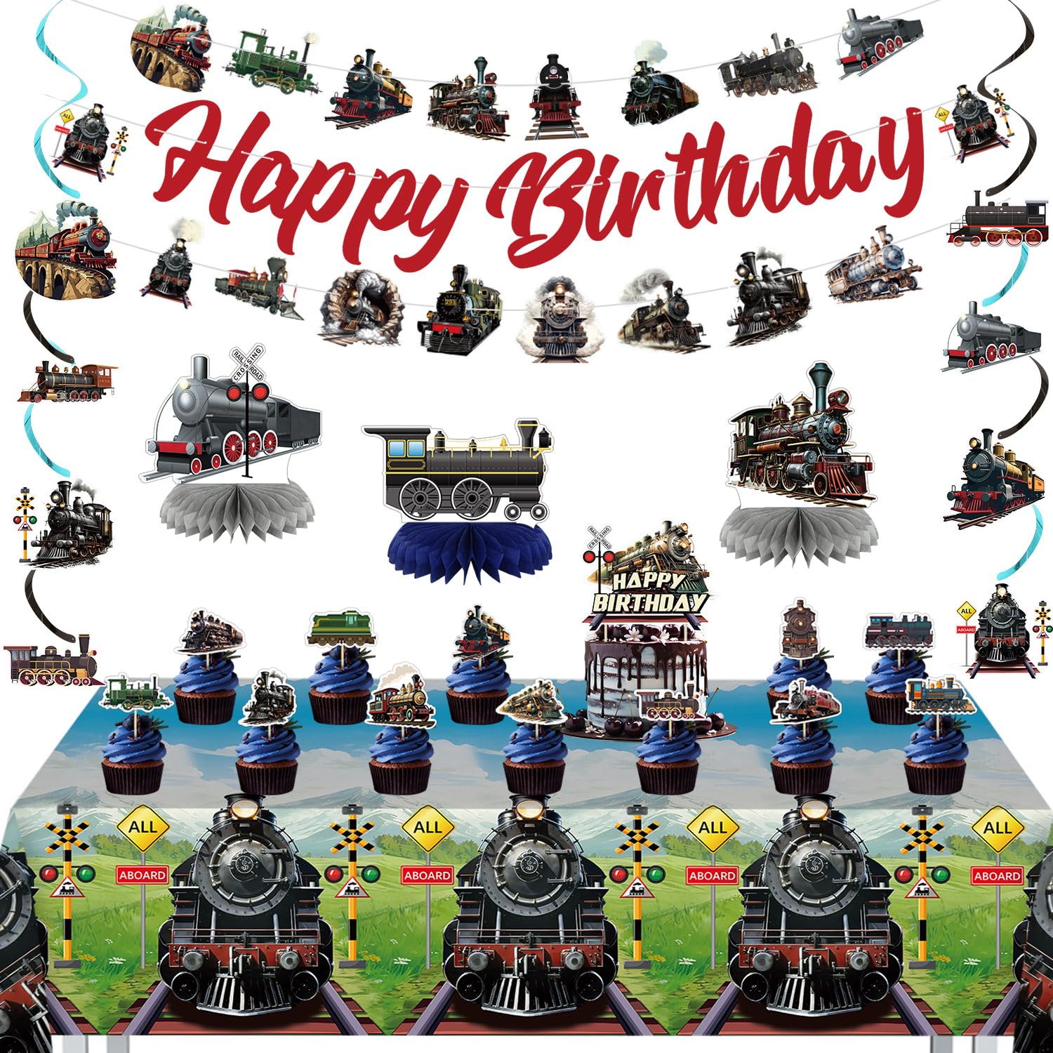 Train Birthday Decorations Train Party Decorations Include Happy Birthday Banner Cake Topper Tablecloth Hanging Ceiling Swirl for Locomotive Party Supplies