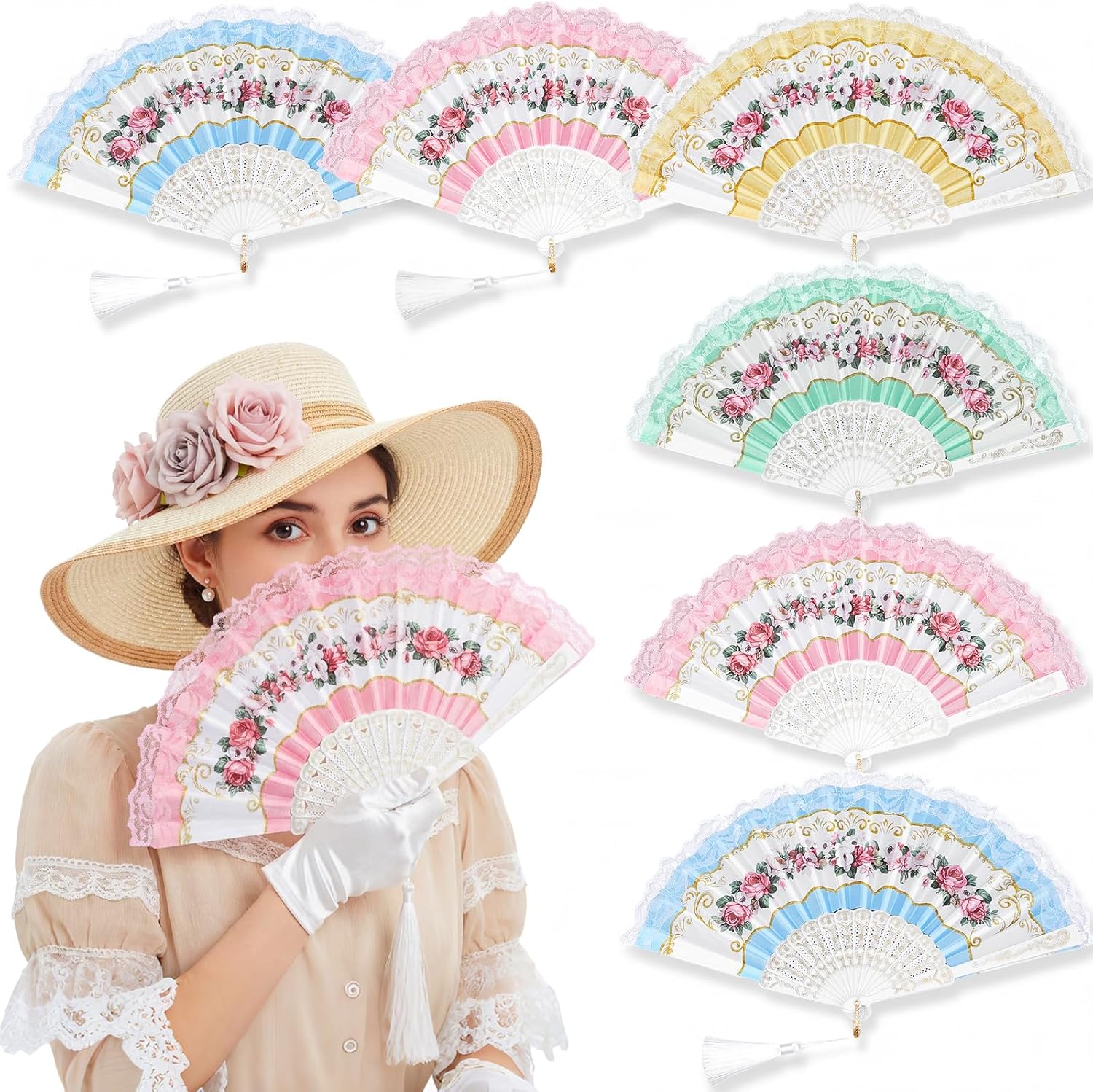 Ecally 6 Pcs Flower Tea Party Favor Gift for Women, Lace Floral Folding Hand Fans Decorations for Wedding Birthday Baby Shower Floral Vintage Style Hand Fans Spring Church Party Supply (6 Colors)