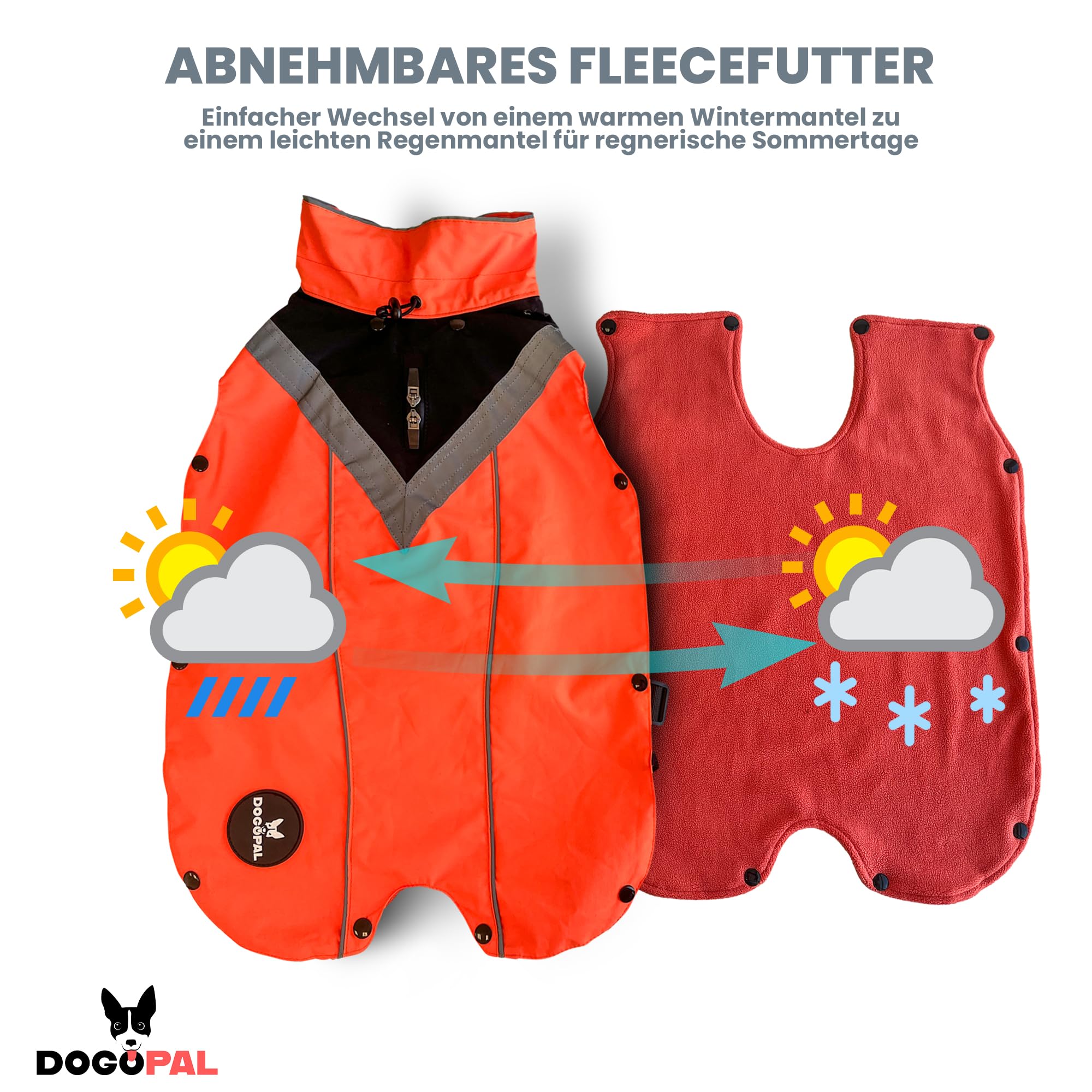 DOGOPAL 2in1 Allwetter-Hundemantel – Wasserdichter Hunderegenmantel mit herausnehmbarem Fleece – Regenmantel Hund für große, mittlere & kleine Hunde (Orange, L)