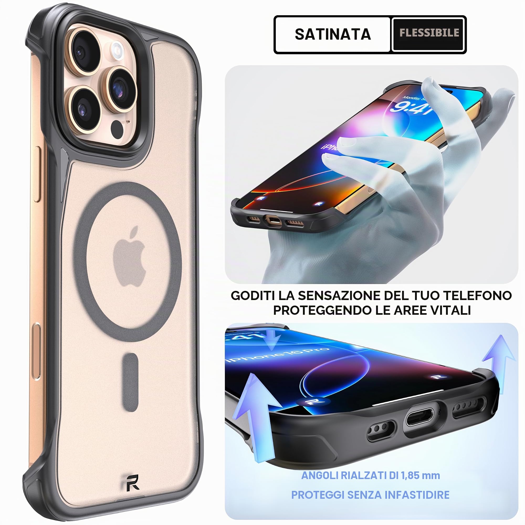 REBEL Custodia trasparente per iPhone 16 Pro Max [serie Frosted Flex] Lati esposti per il comfort, forte compatibile con MagSafe, texture opaca, protettiva antiurto, custodia senza cornice aggiornata,