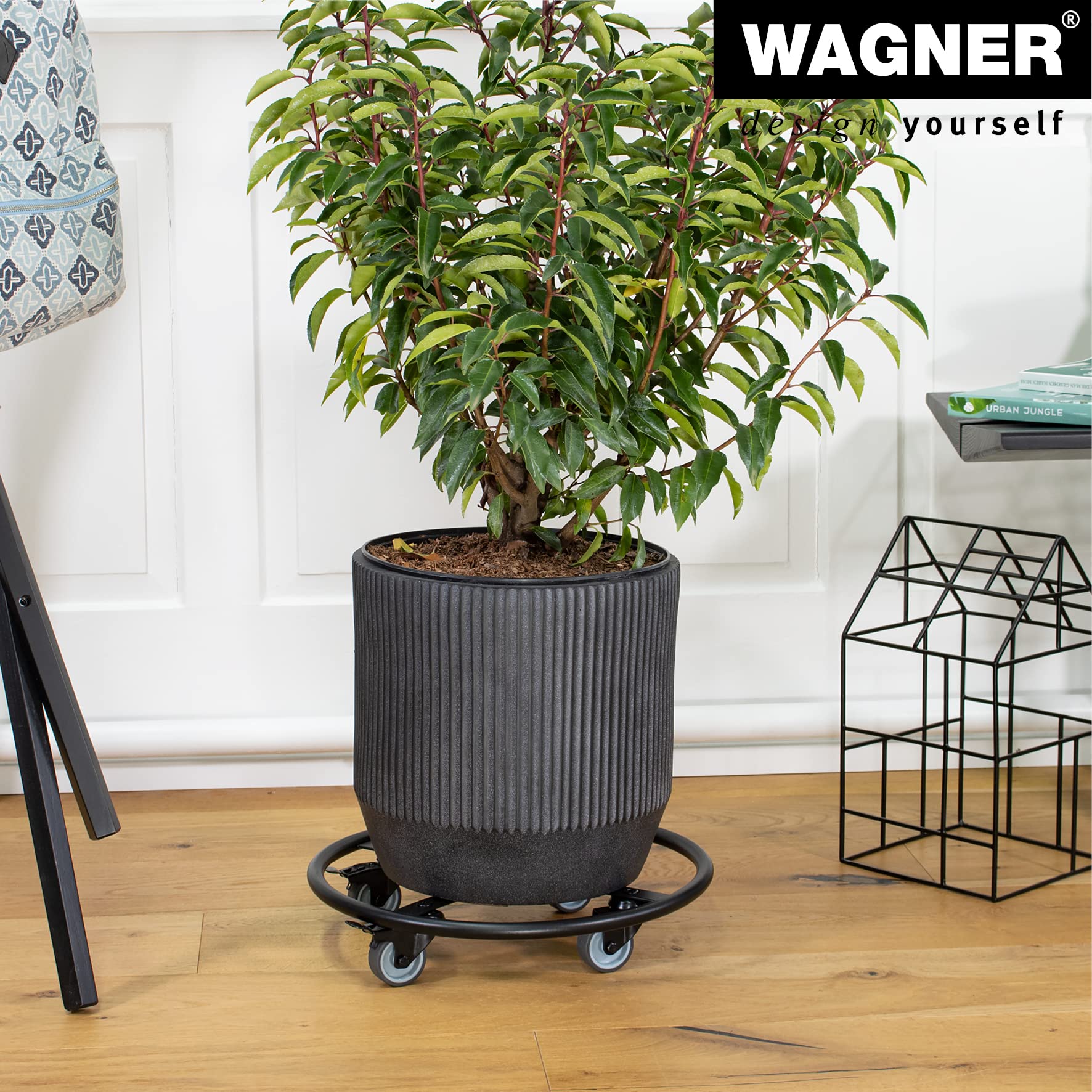 WAGNER Pflanzenroller Skelett Round - Ø 38 x 8 cm I Pflanzenroller, Soft-Rollen mit Bremsen I für Innen - & Außenbereich I Blumenroller Stahl beschichtet schwarz I Tragkraft 150 kg - 20701201