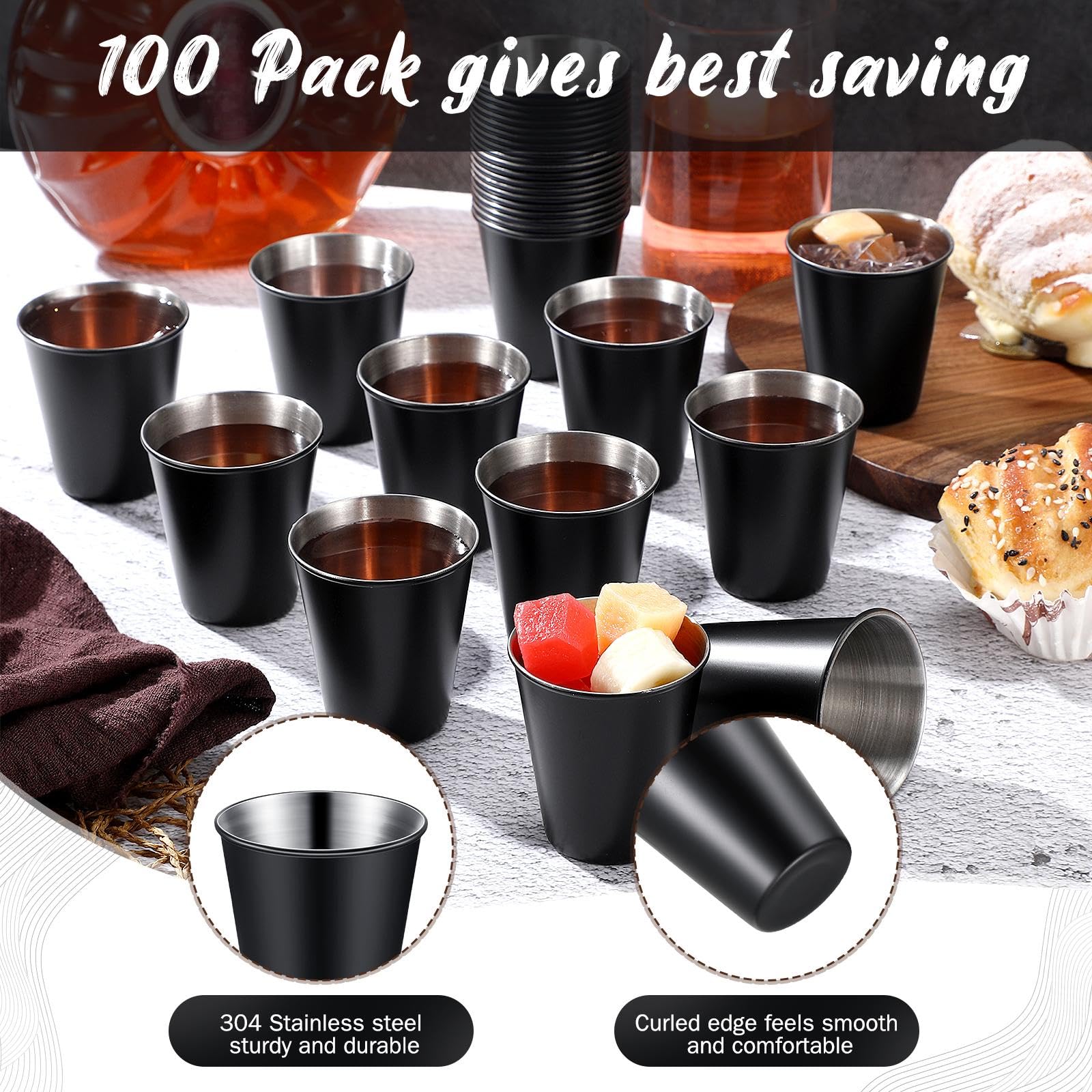 100 vasos de chupito de acero inoxidable de 2 onzas, vasos de chupito pequeños irrompibles para espresso, whisky, bar, hogar, restaurante, camping, bar, regalo (negro)