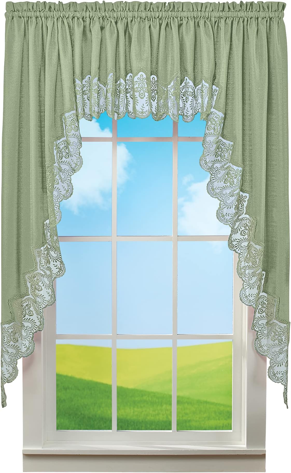Collections Etc Elegant Lace Border Trim & Solid-Color Window Curtain Sage Swags