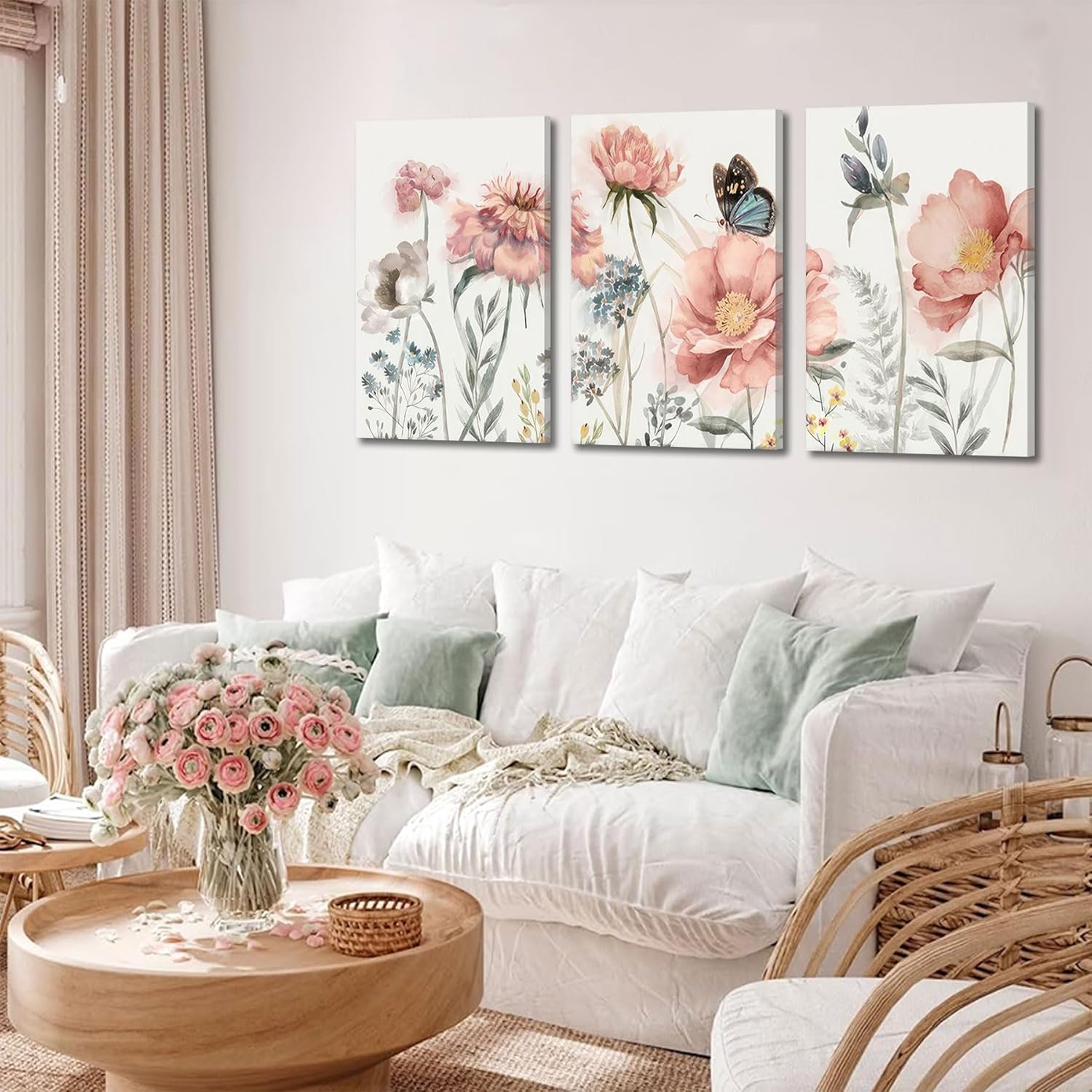 3pcs Pink Peony Floral Canvas Wall Art Butterfly Blossom Wall Decor Pictures Watercolor Bouquet Posters Prints For Living Room Classroom Bedroom Decoration Prepare To Hang