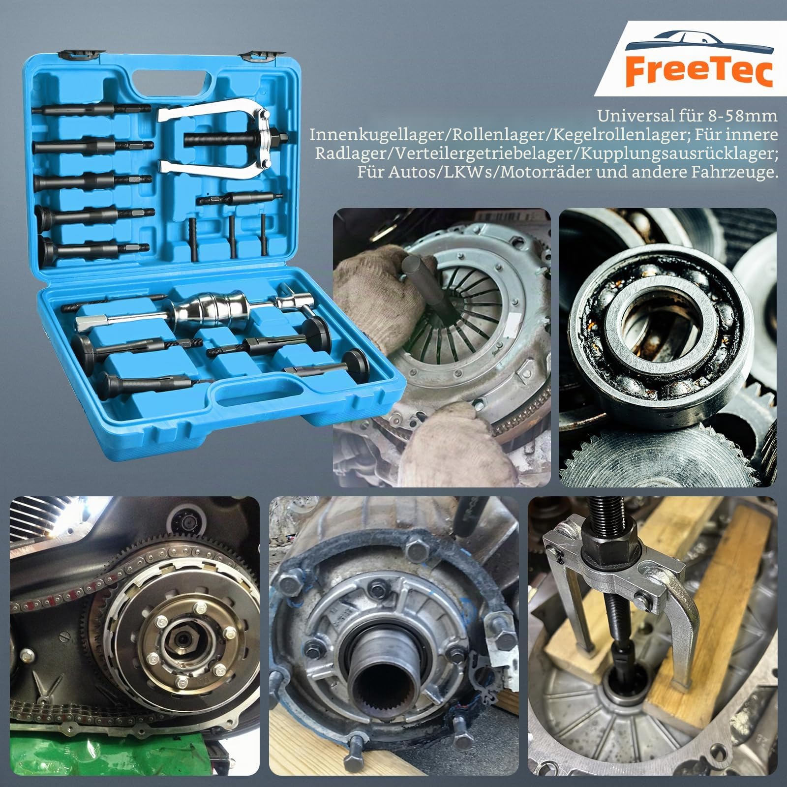 FreeTec 16tlg Innenlager Abzieher Set, 8-58mm Innenabzieher Lager, Grundloch Lagerabzieher Innenlager Auszieher Werkzeug, Kugellager Abzieher Innen mit Gleithammer Satz für Auto LKW Motorrad (Blau)