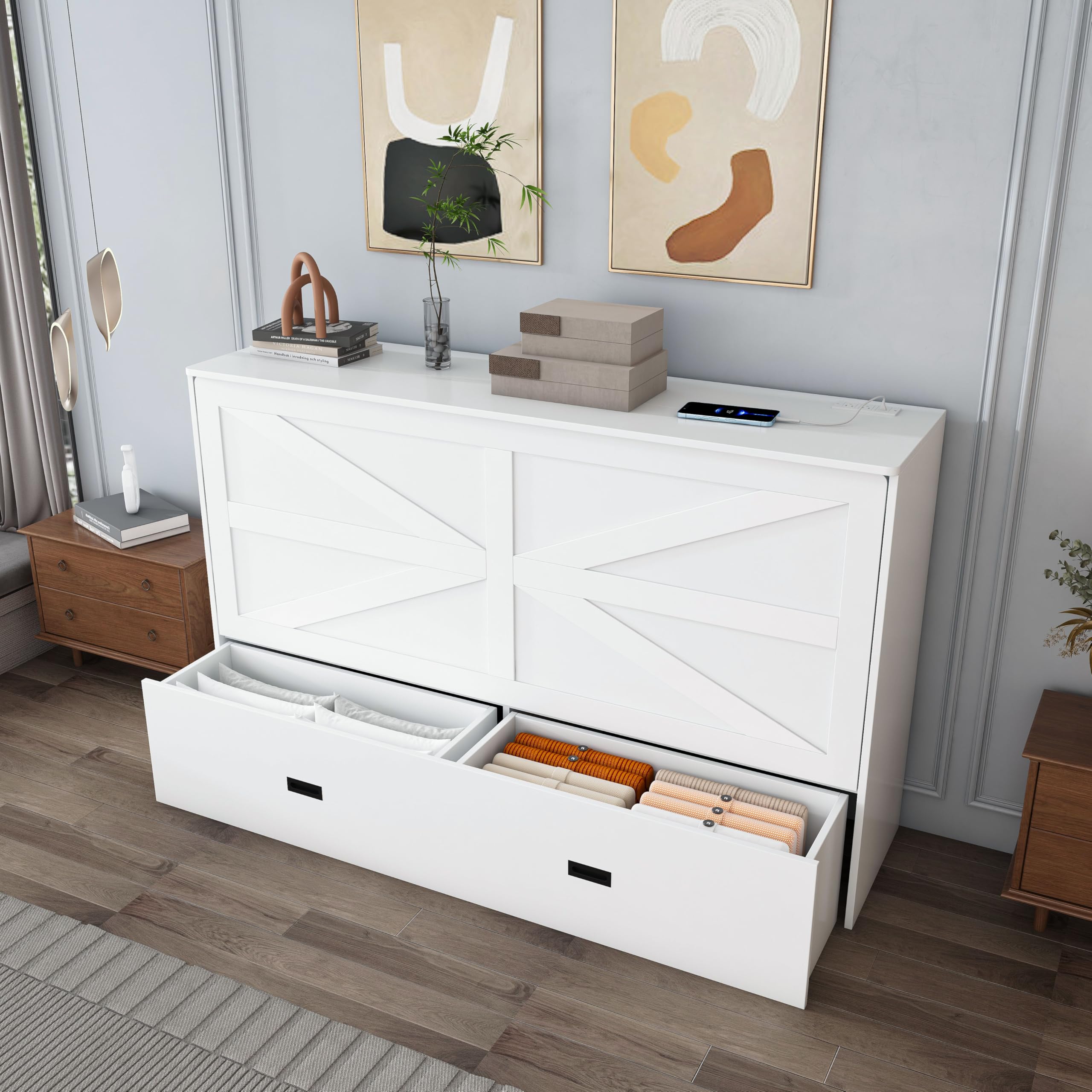 Bellemave Full Murphy Bed with Mattresses and Charging Stations and Storage Drawer, Farmhouse Murphy Cabinet Bed with Foldable Panel, Noisy Free, for