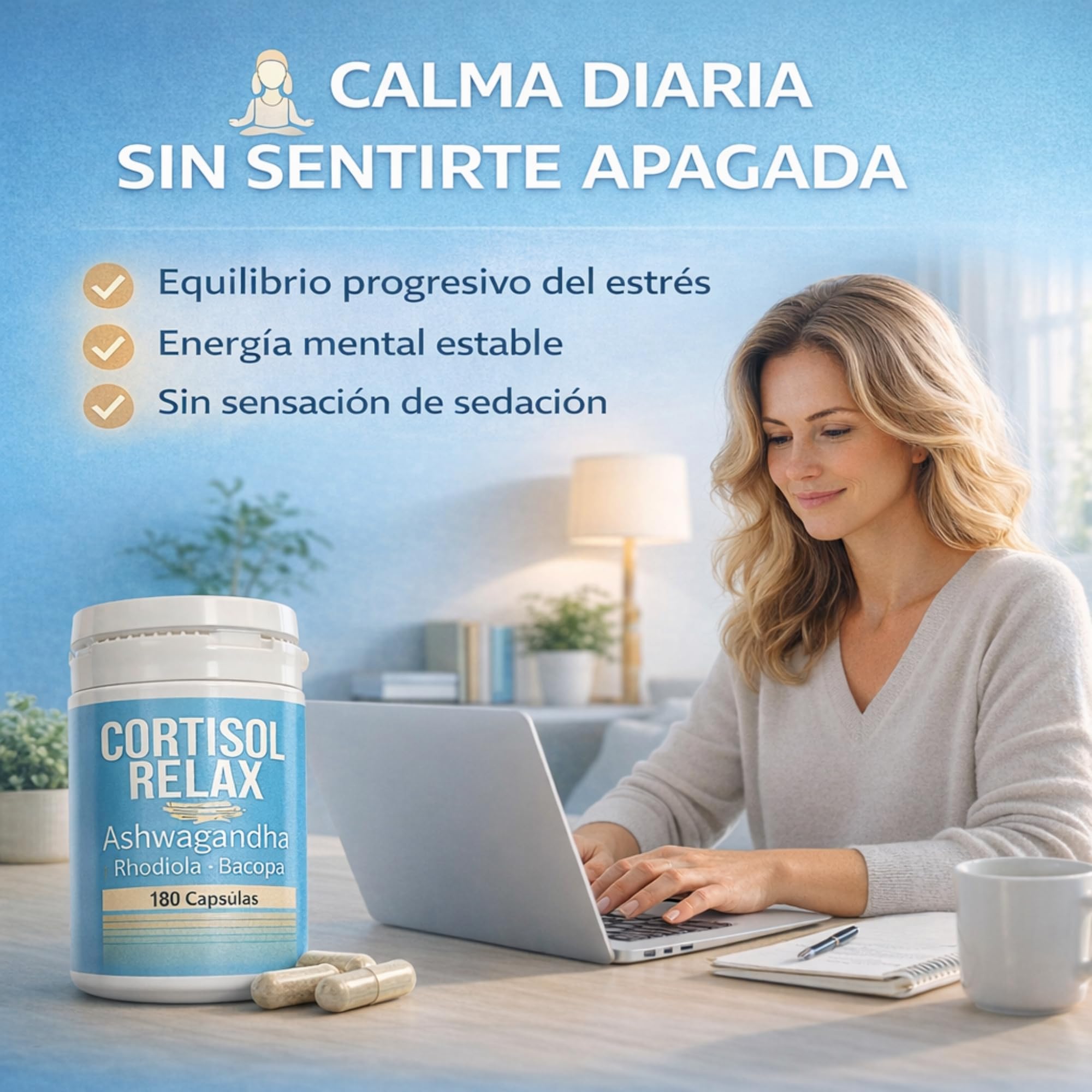 DIETETICA EUROPEA Cortisol RELAX 6 meses - bajar cortisol y estres y ansiedad sin perder energía - ashwagandha y rhodiola + bacopa monnieri - anti estres natural 180 Cápsulas