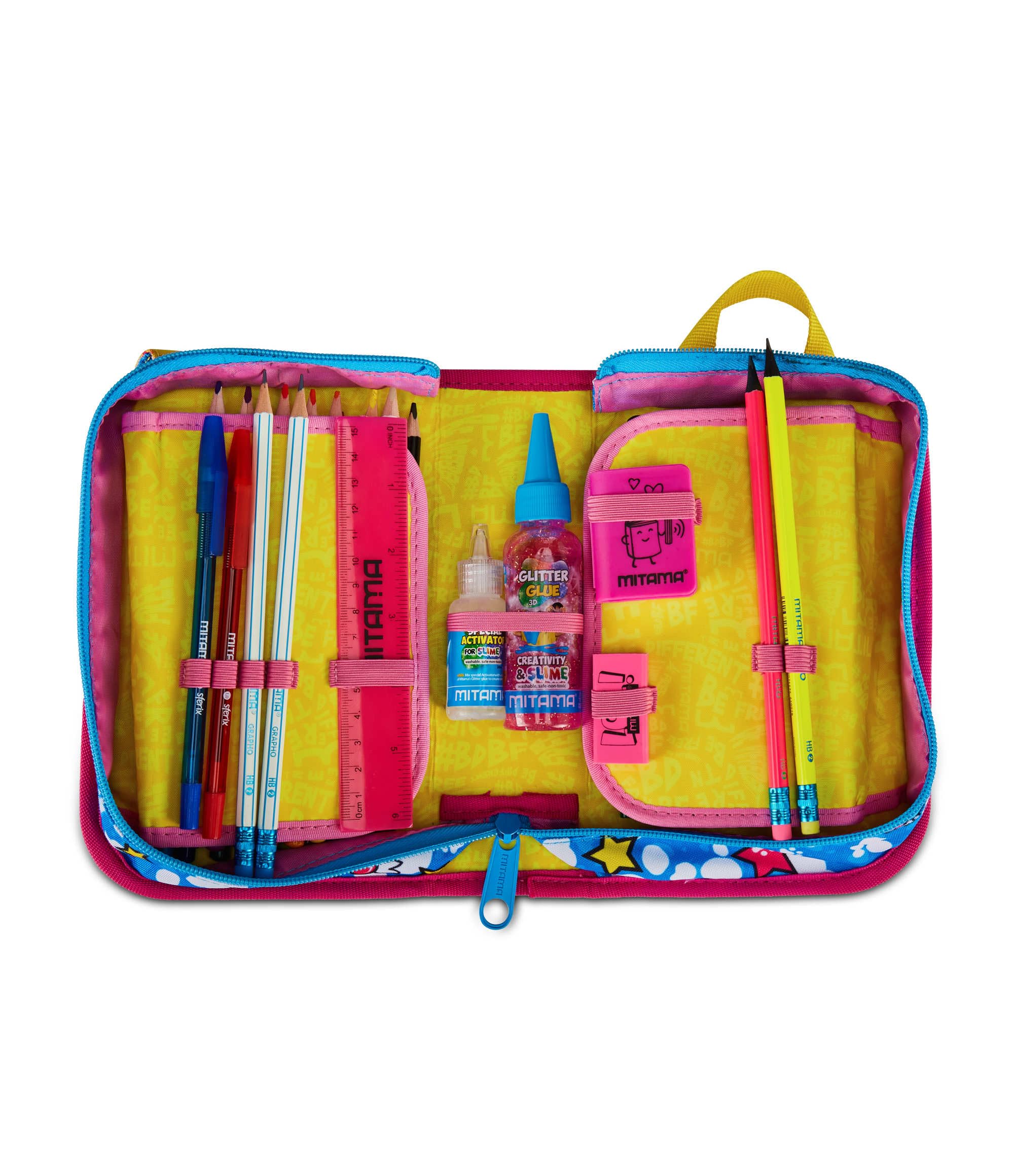 Mitama Astuccio Scuola 4 Zip, Fucsia, Portapenne Triplo Scomparto Completo Di Penne, Matite, Colori, Accessori Zaino, Scuola Elementare, Bambina