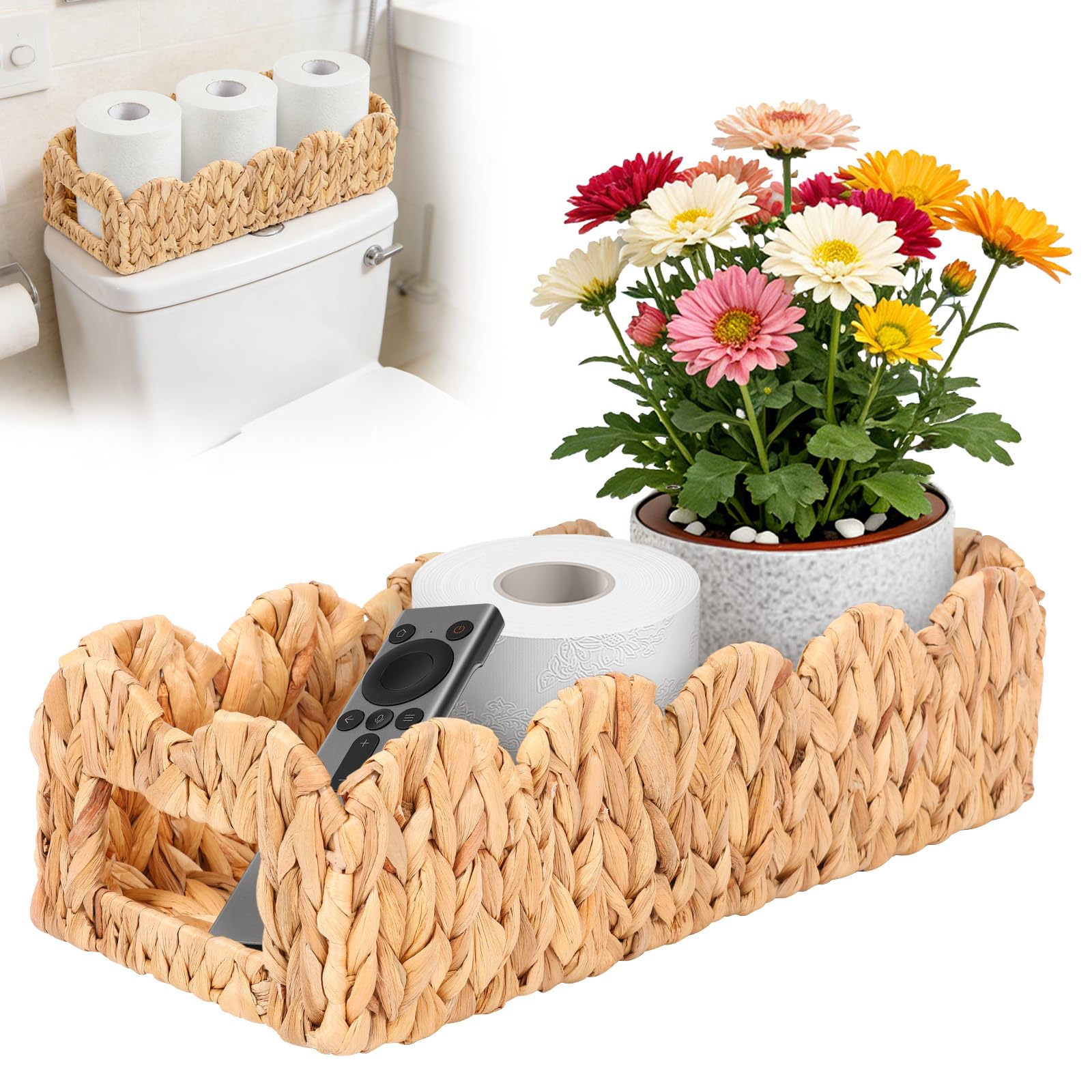 Rhaiqbvc Toilet Paper Wicker Basket,40×17×11 Cm Scalloped Edge Long Narrow Bathroom Paper Storage Basket With Built In Handle, Handwoven Countertop Storage Organizer For Toilet Tank Top