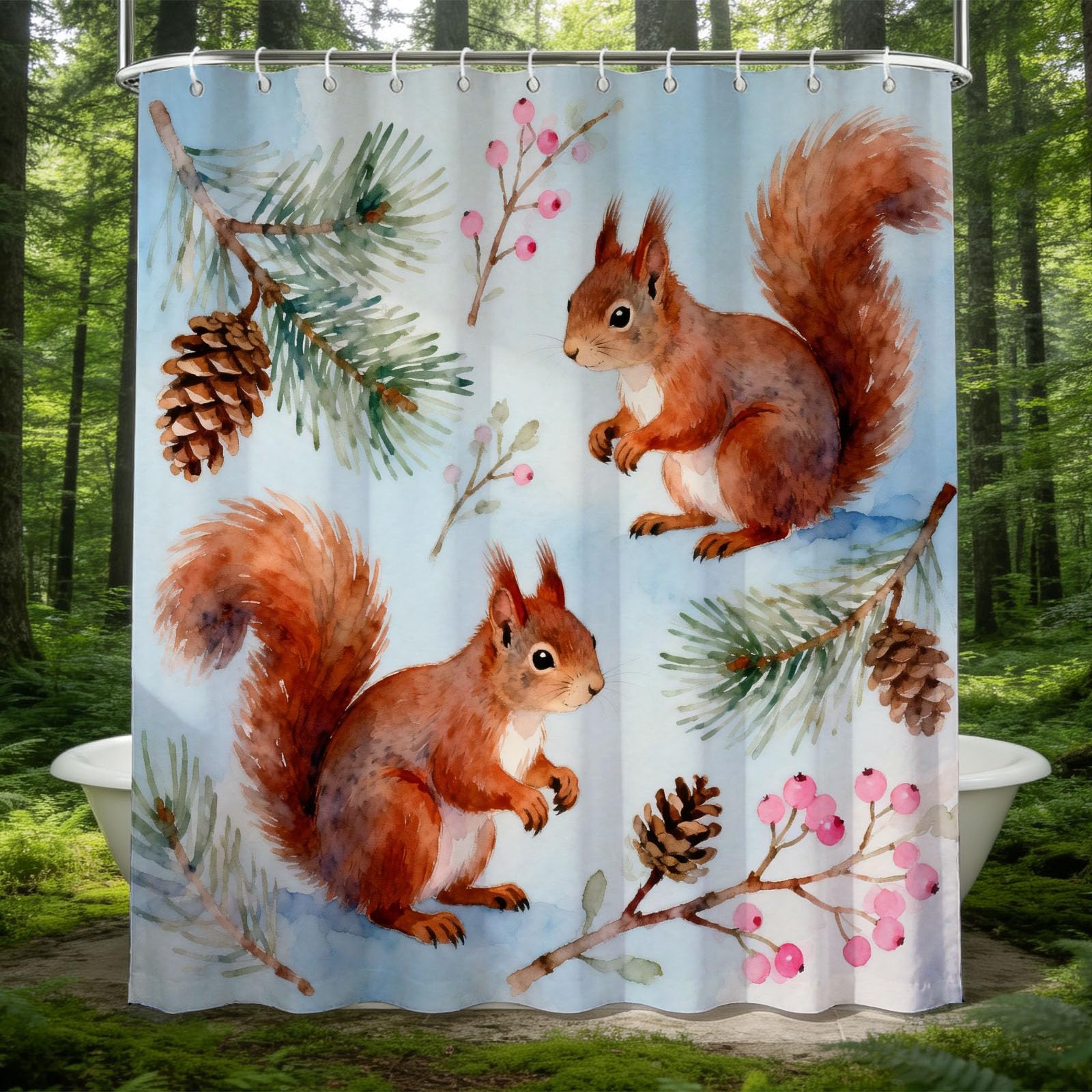 Hongduo 3D Watercolor Squirrel Shower Curtain for Stalls Bathtubs Cartoon Bathroom Decor Shower Curtain Set Polyester Fabric Waterproof 180x180cm/71X71 Inch with Hooks