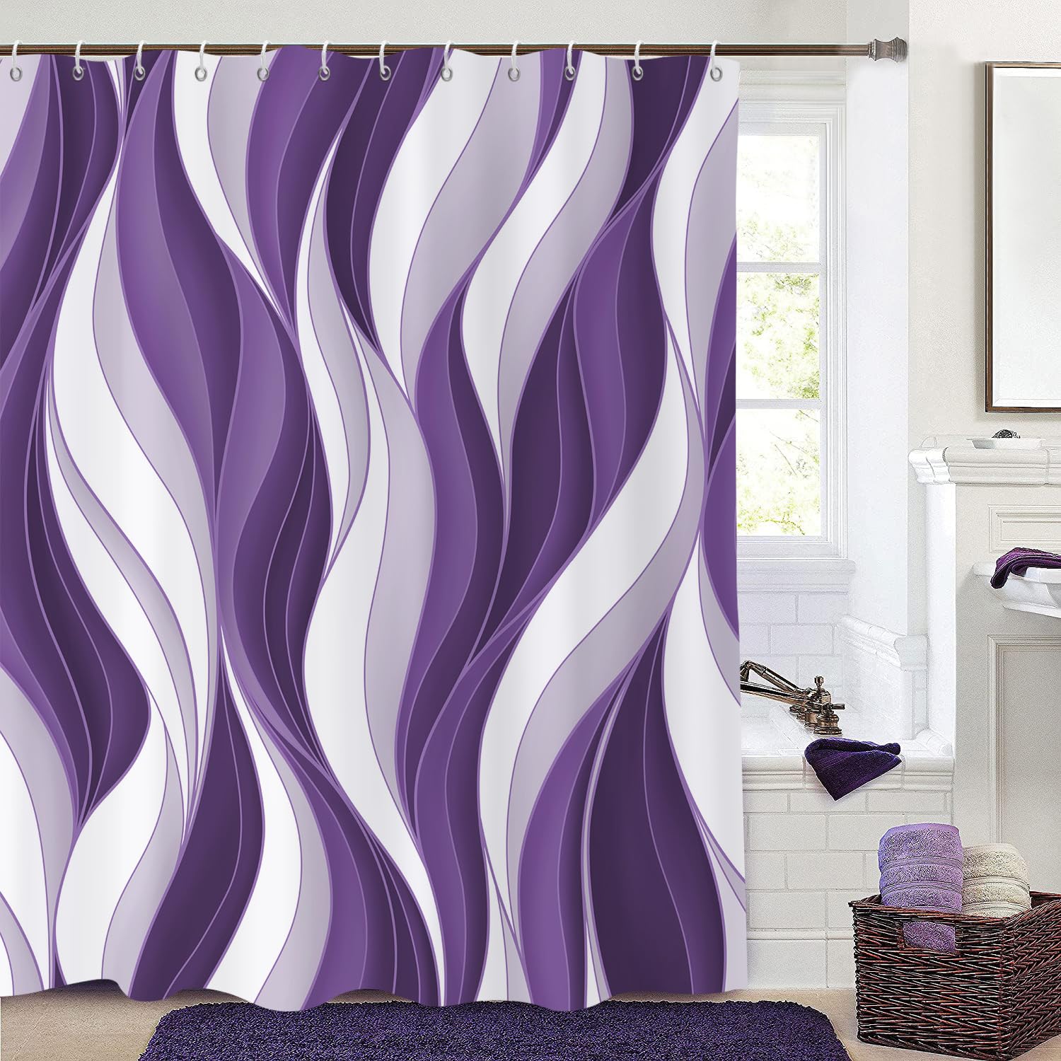 GCIREC Shower Curtain, 180x200cm, Modern Abstract Purple White Ombre Striped Minimalist Art Waterproof Fabric Machine Washable Bathroom Curtain with Hooks
