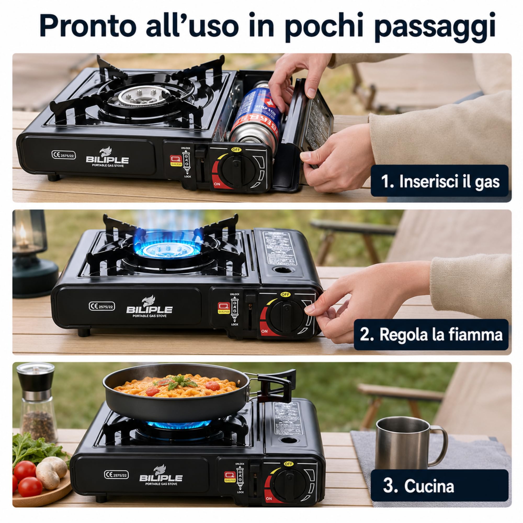 Fornello da Campeggio a Gas Portatile con Doppio Attacco Butano o GPL - Fiamma INTENSA e REGOLABILE - Valigetta Rigida - Fornello a Gas per Campeggio, Outdoor, Trekking, Camper e Altro