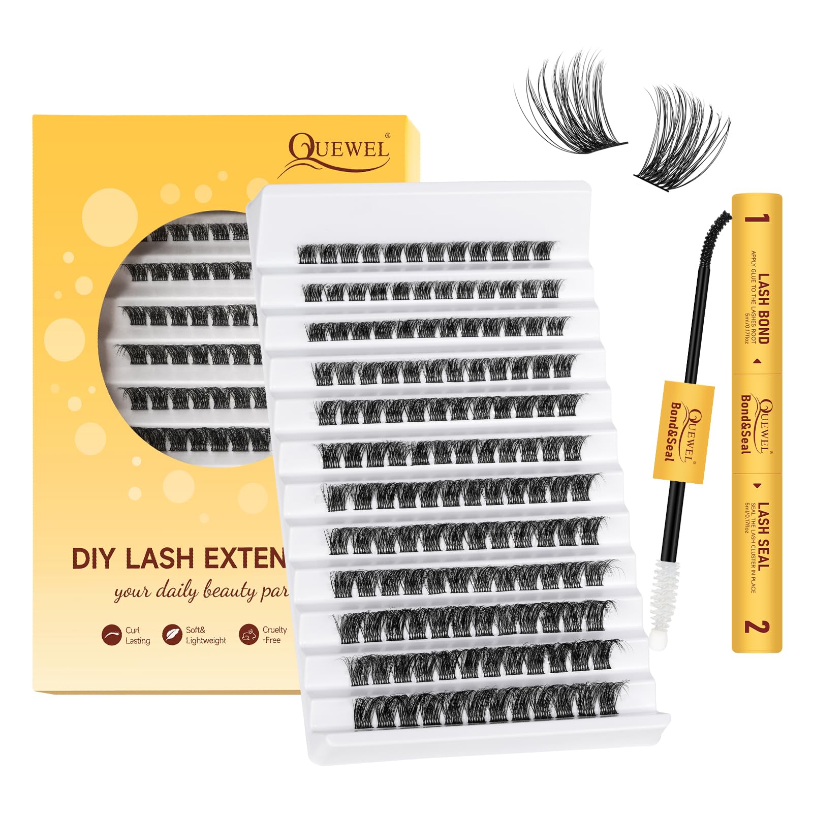 QUEWEL DIY Lash-Extensions Kit MIX10-18mm Lash-Clusters with Bond&Seal Super Hold