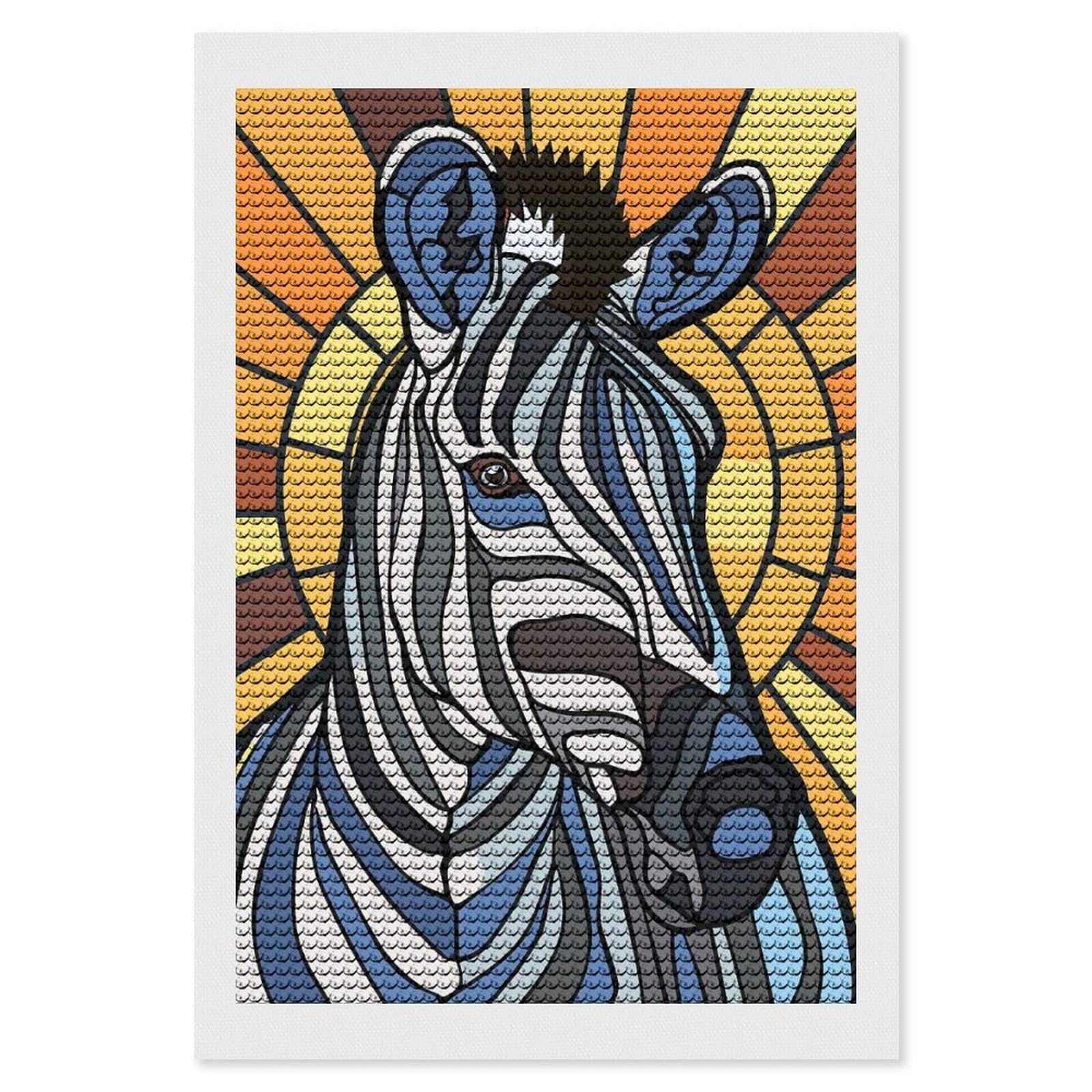 Junmoney Stained Glass Zebra Portrait Diamond Painting Set 8"x12", for Adults, Decorate Your Room, Thoughtful Handmade Gift, Boho Decor, with Tool Kit