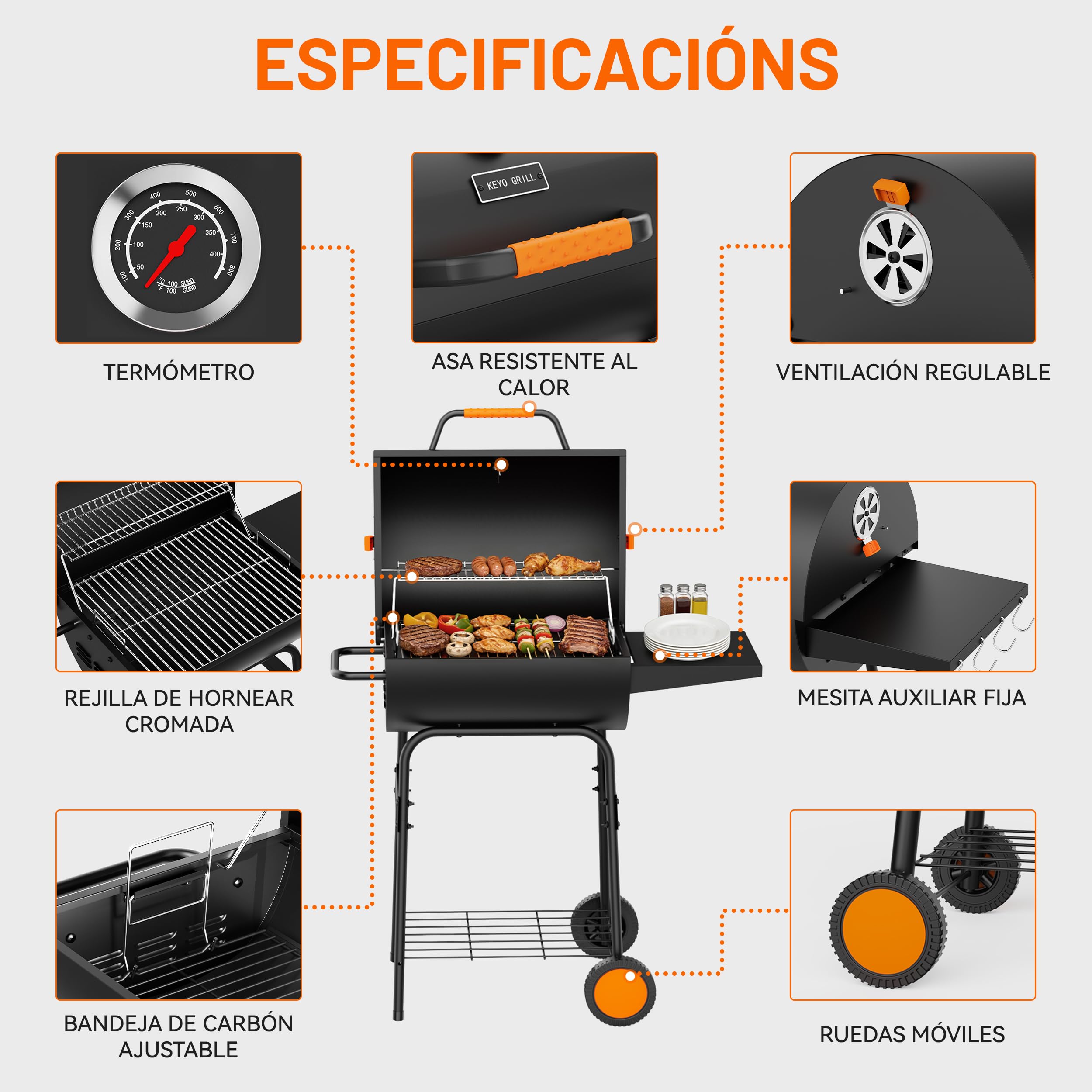 KEYO Barbacoa de Carbón y Ahumador con Bandeja de Carbón Regulable en Altura, Gran Barril de Barbacoa Portátil para Jardín Exterior, Cámping, Fiesta en Patio y Picnic - 20 Pulgadas