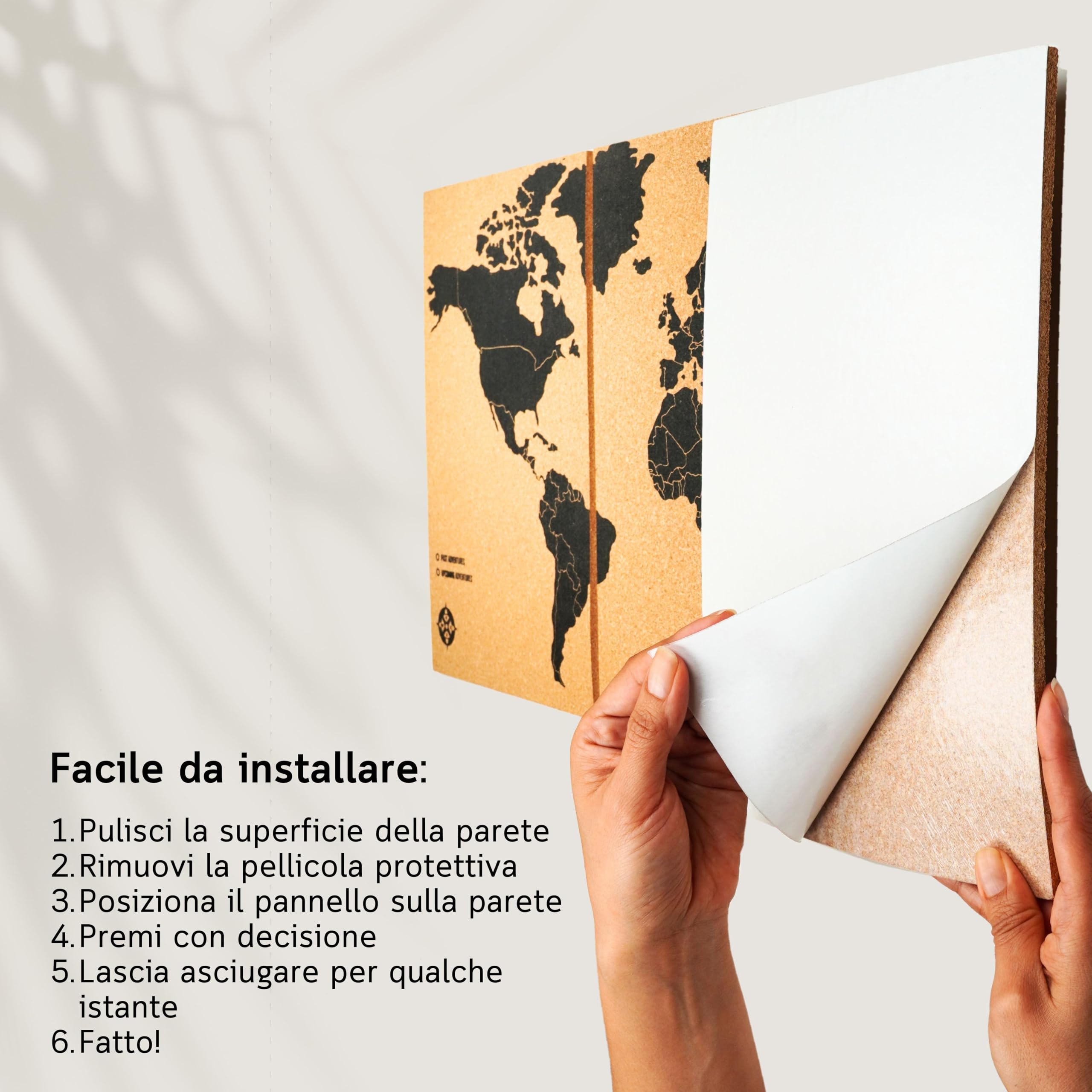 Zinello Design – Mappa del Mondo in Sughero da Parete 60×30 cm (3 Pannelli Adesivi) con 60 Puntine – Quadro Decorativo Viaggi Personalizzabile – Poster Murale Ecologico – Idea Regalo