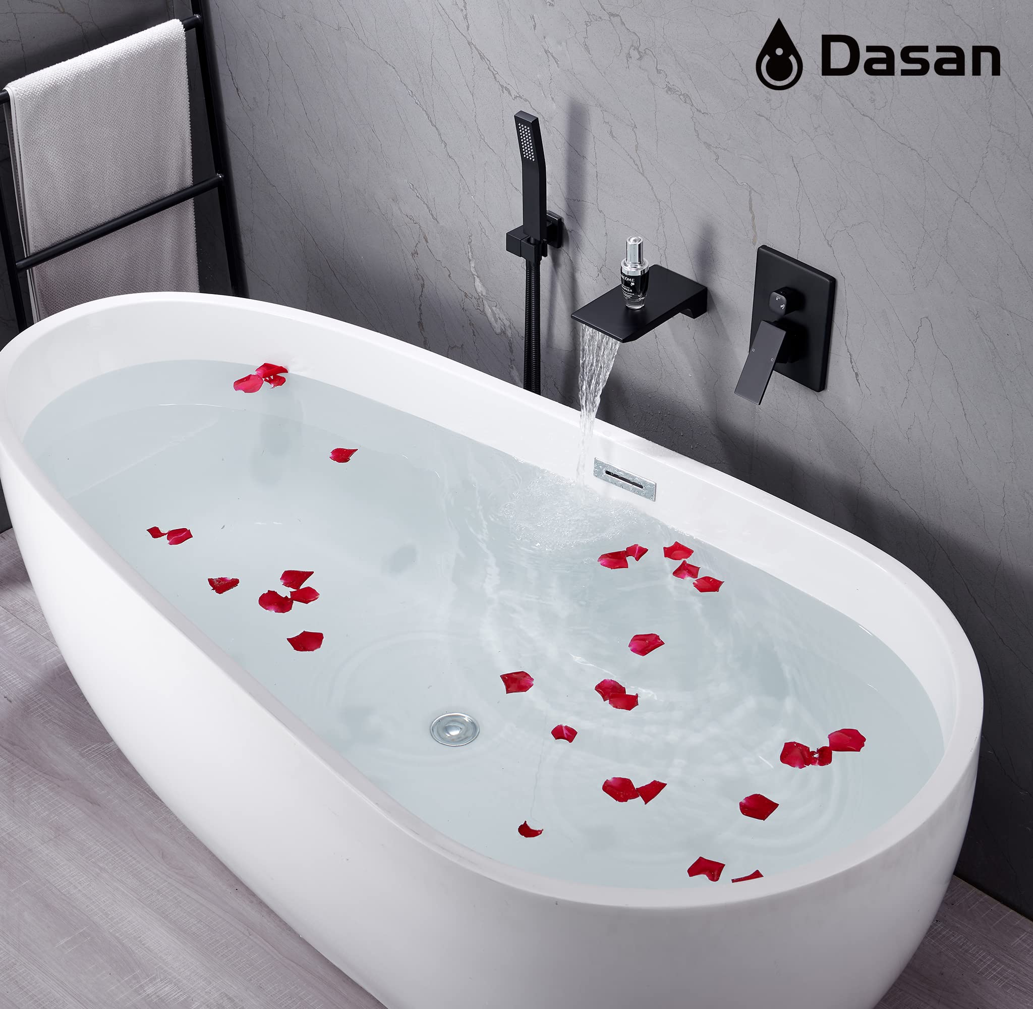 DASAN Wandmontage-Wannenarmatur – Wasserfall-Auslauf, Handbrause, Gebürstetes Nickel, SA-TF04WH-BN